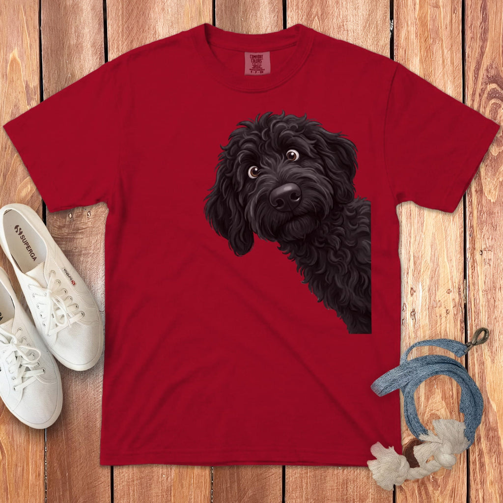Funny Peeking Black Goldendoodle Signature T-Shirt in Red / S by Puppy Jo