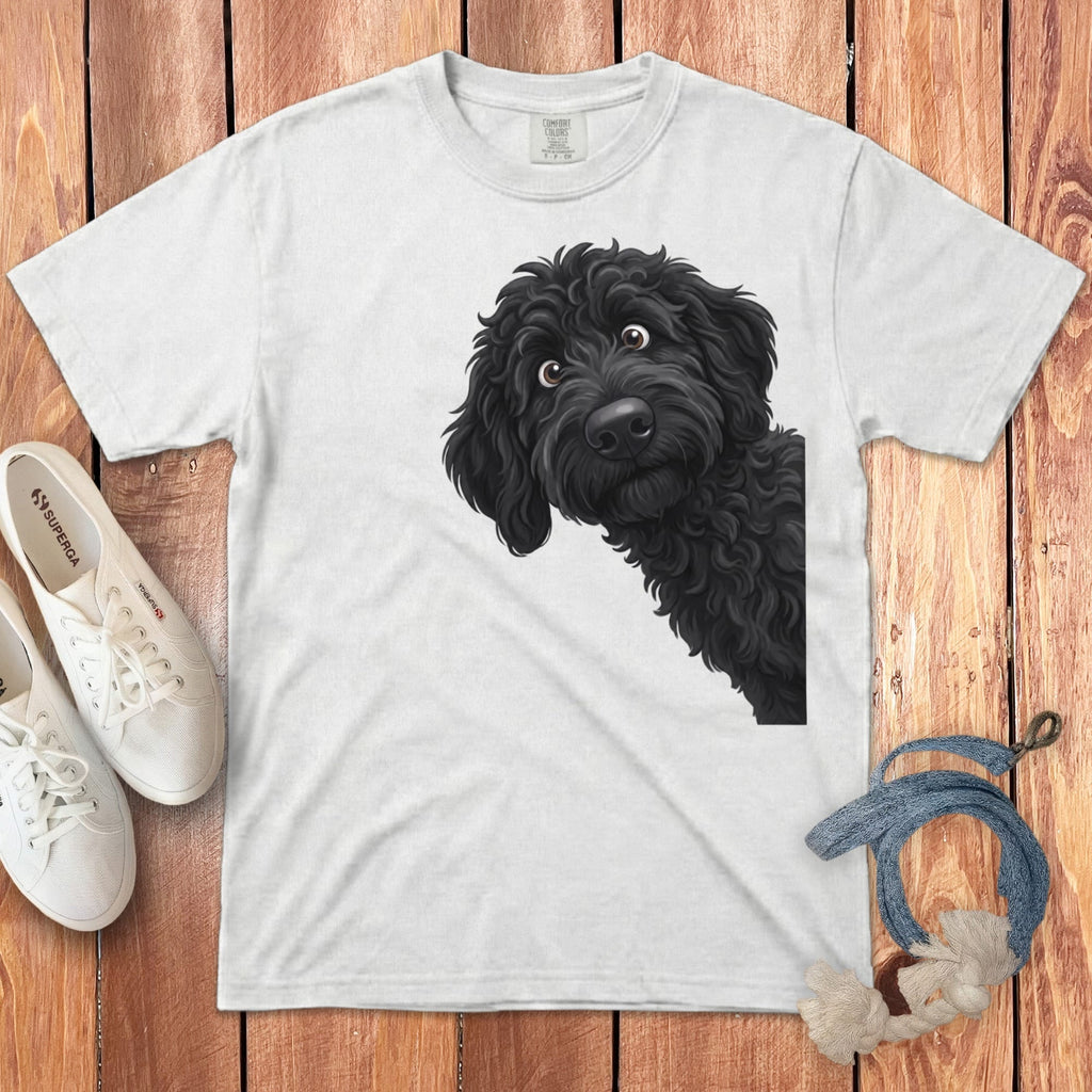 Funny Peeking Black Goldendoodle Signature T-Shirt in White / S by Puppy Jo