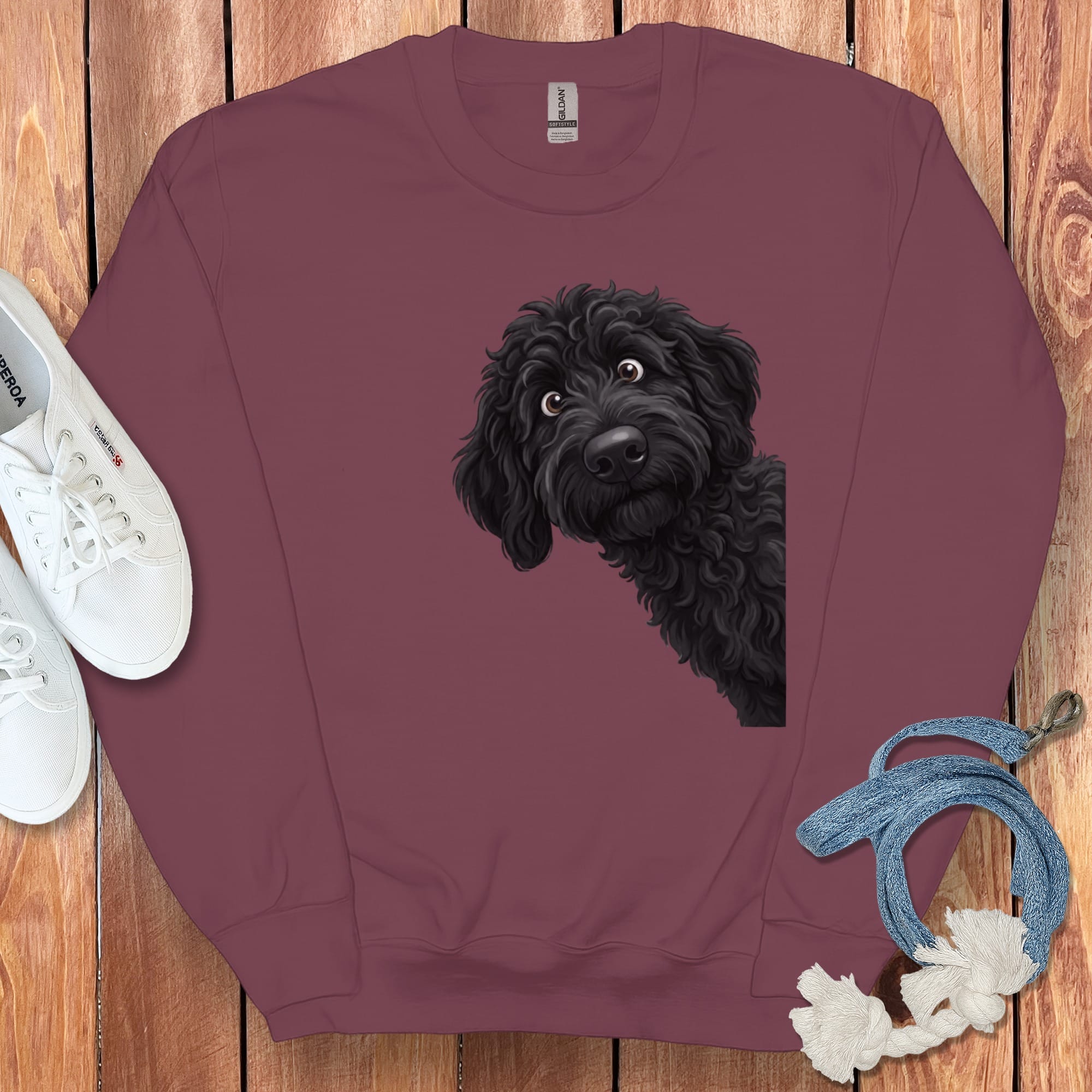 Funny Peeking Black Goldendoodle Sweatshirt in Maroon / S by Puppy Jo