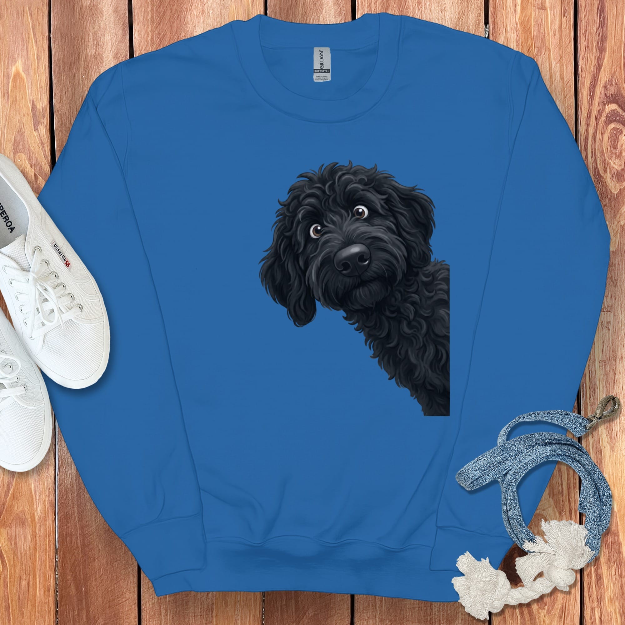 Funny Peeking Black Goldendoodle Sweatshirt in Royal / S by Puppy Jo