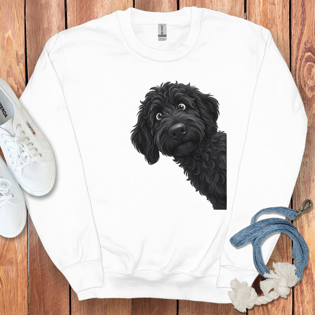 Funny Peeking Black Goldendoodle Sweatshirt in White / S by Puppy Jo