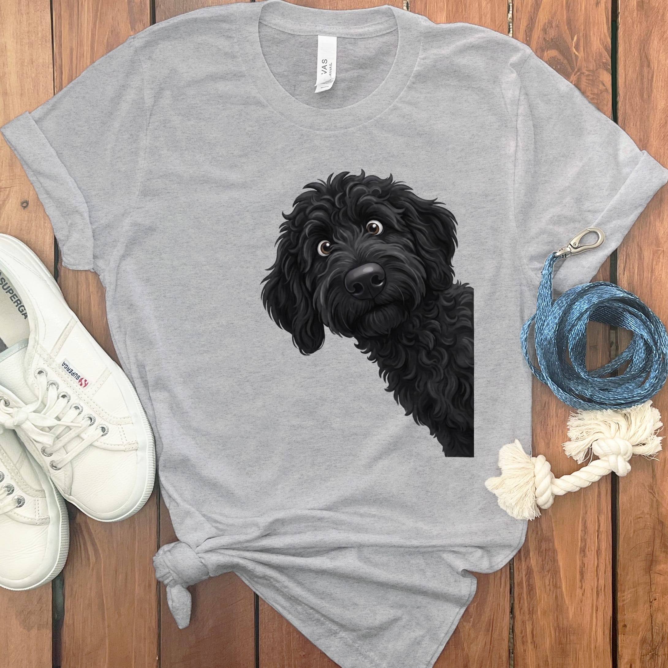 Funny Peeking Black Goldendoodle T-Shirt in Athletic Heather / S by Puppy Jo
