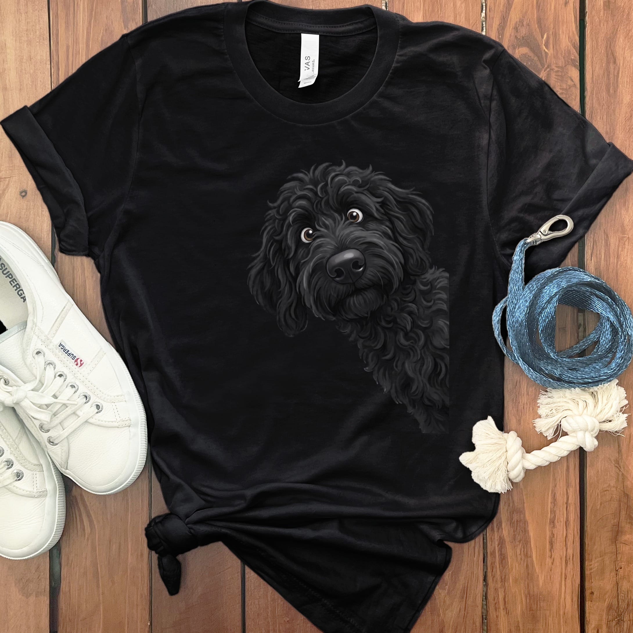 Funny Peeking Black Goldendoodle T-Shirt in Black / S by Puppy Jo