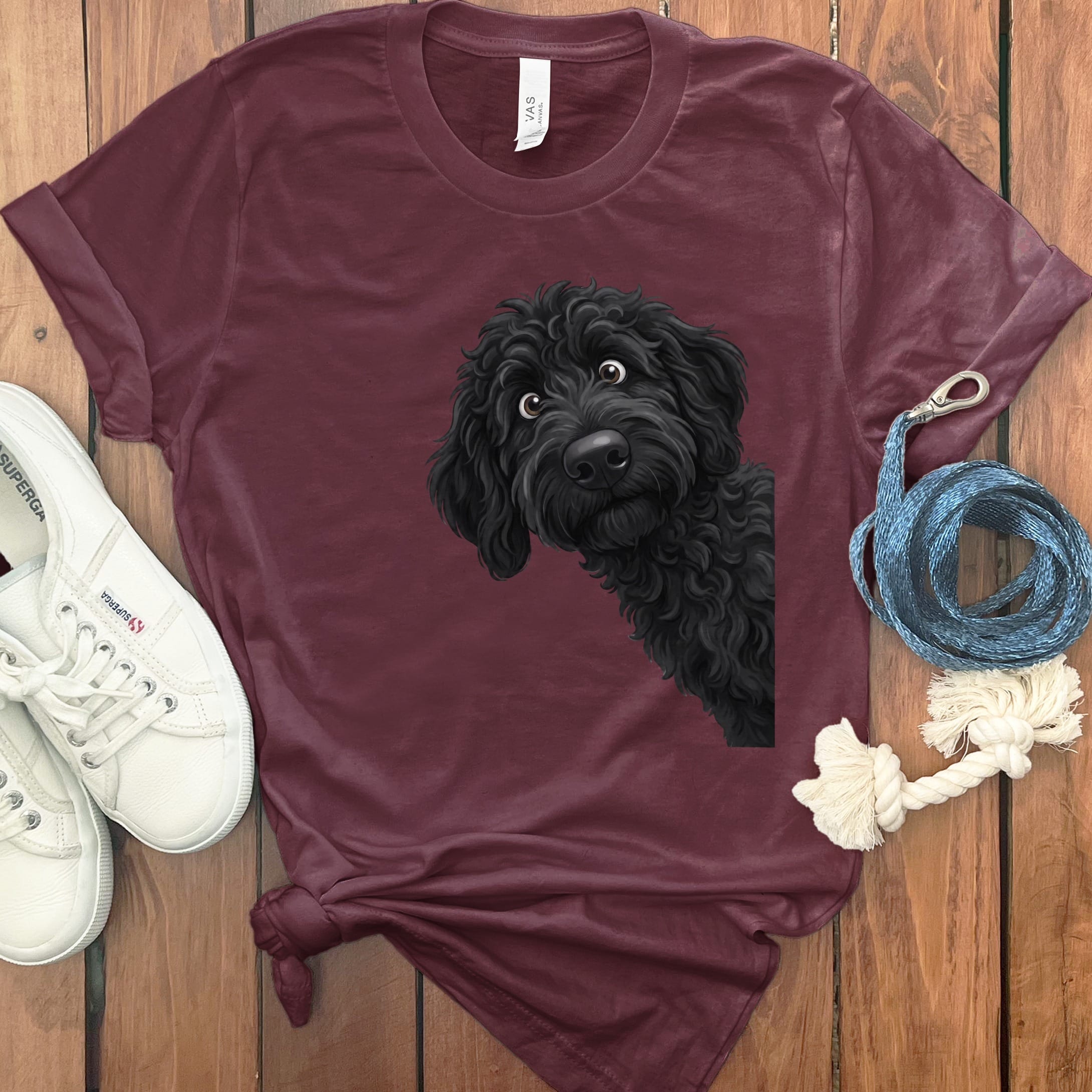 Funny Peeking Black Goldendoodle T-Shirt in Maroon / S by Puppy Jo