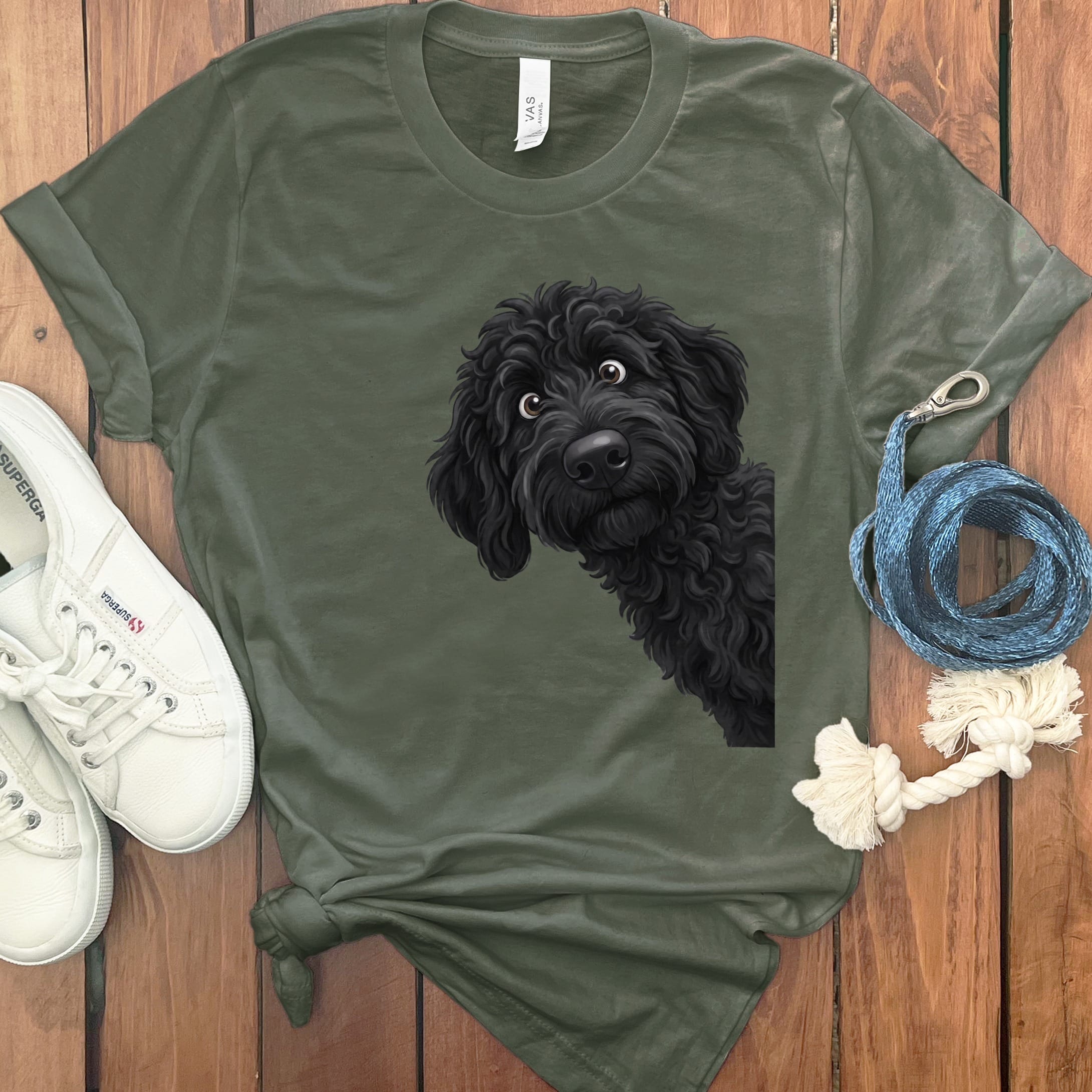 Funny Peeking Black Goldendoodle T-Shirt in Military Green / S by Puppy Jo