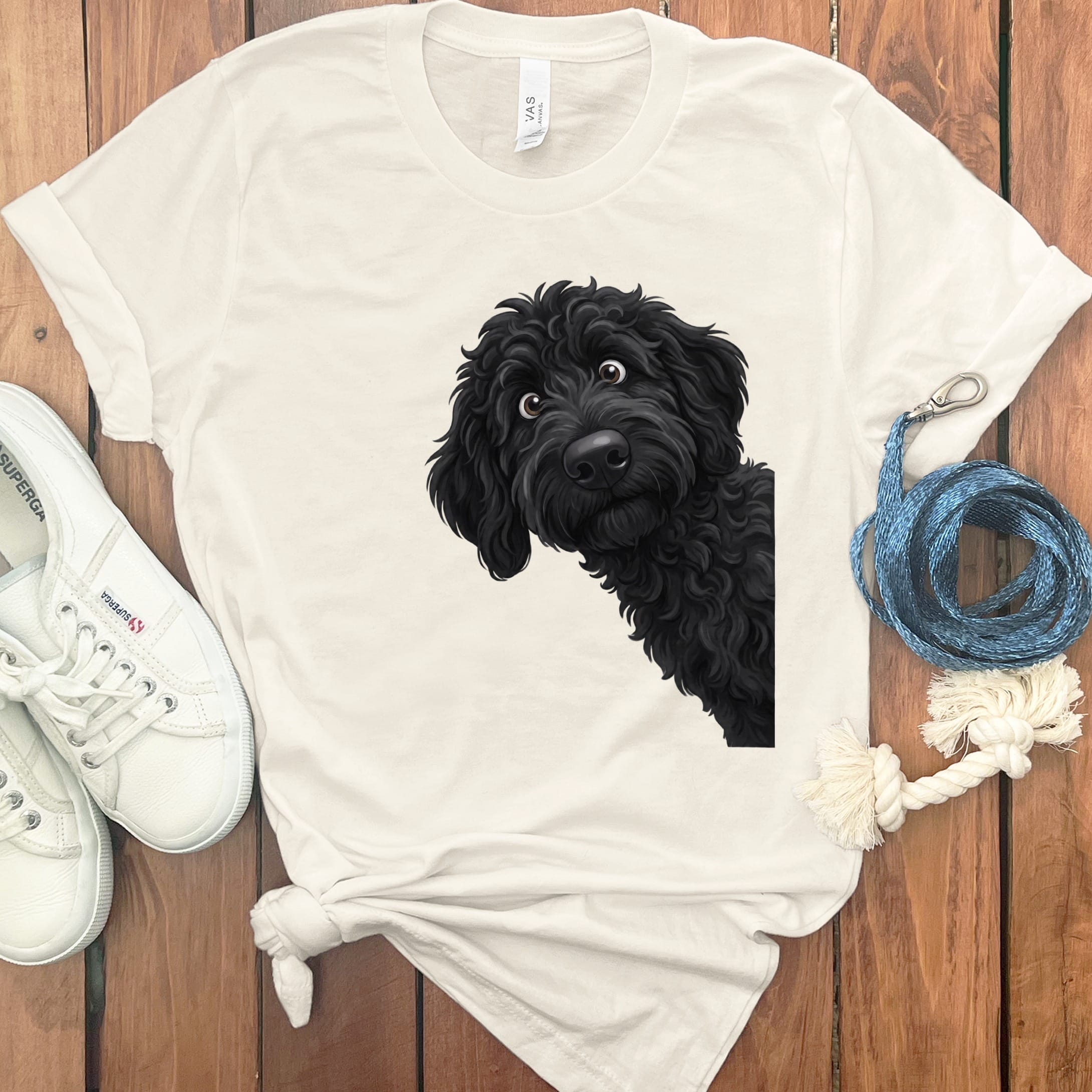 Funny Peeking Black Goldendoodle T-Shirt in Natural / S by Puppy Jo