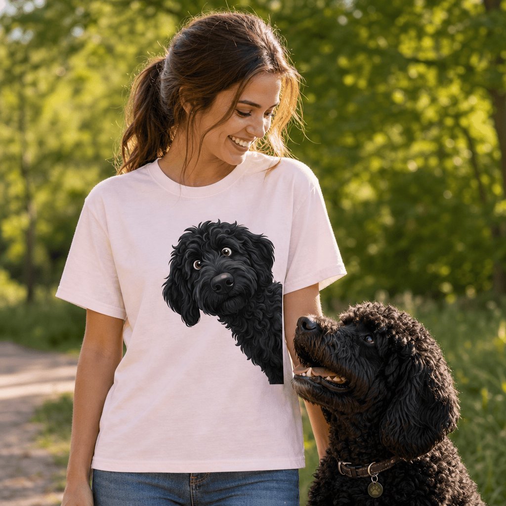 Funny Peeking Black Goldendoodle T-Shirt in by Puppy Jo