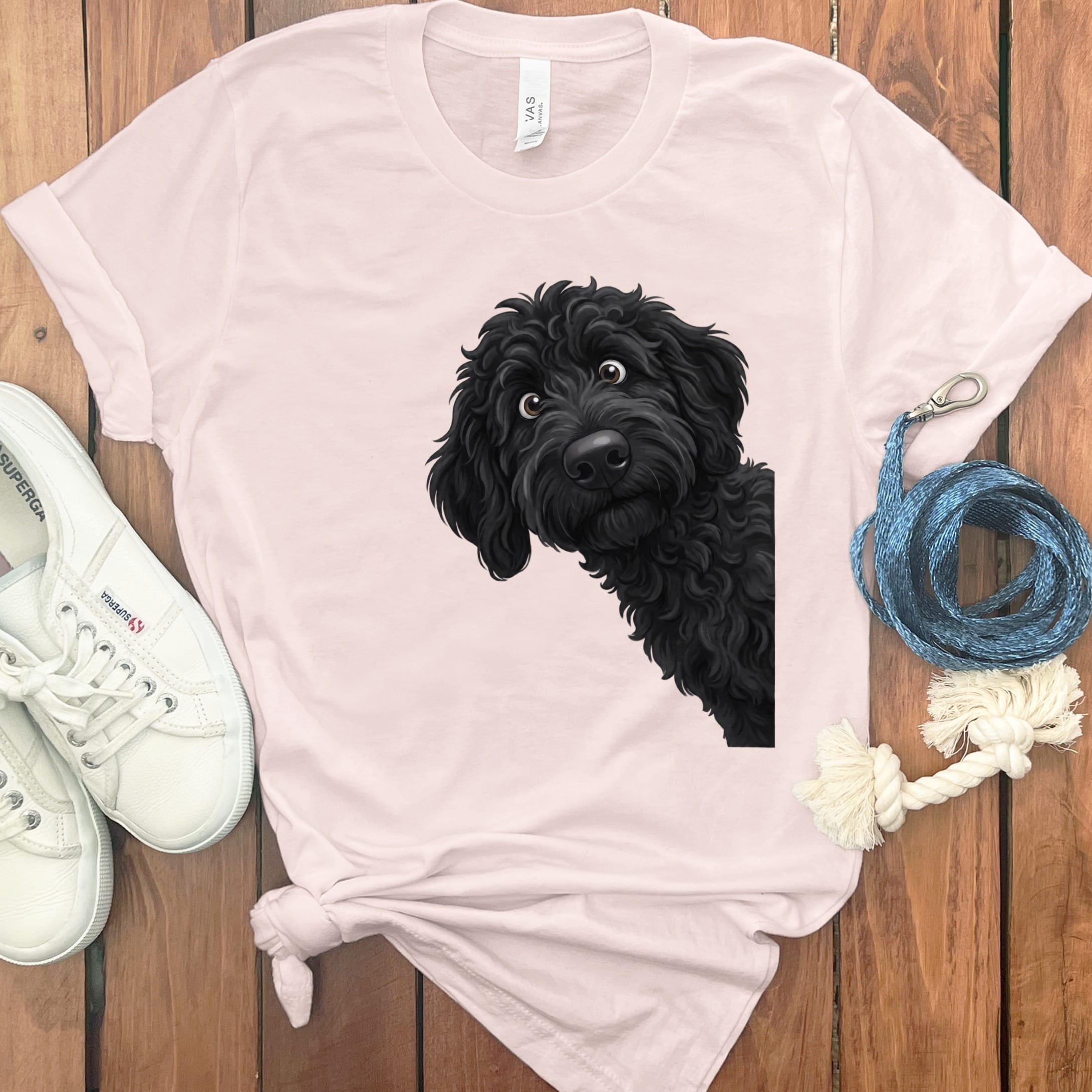 Funny Peeking Black Goldendoodle T-Shirt in Soft Pink / S by Puppy Jo