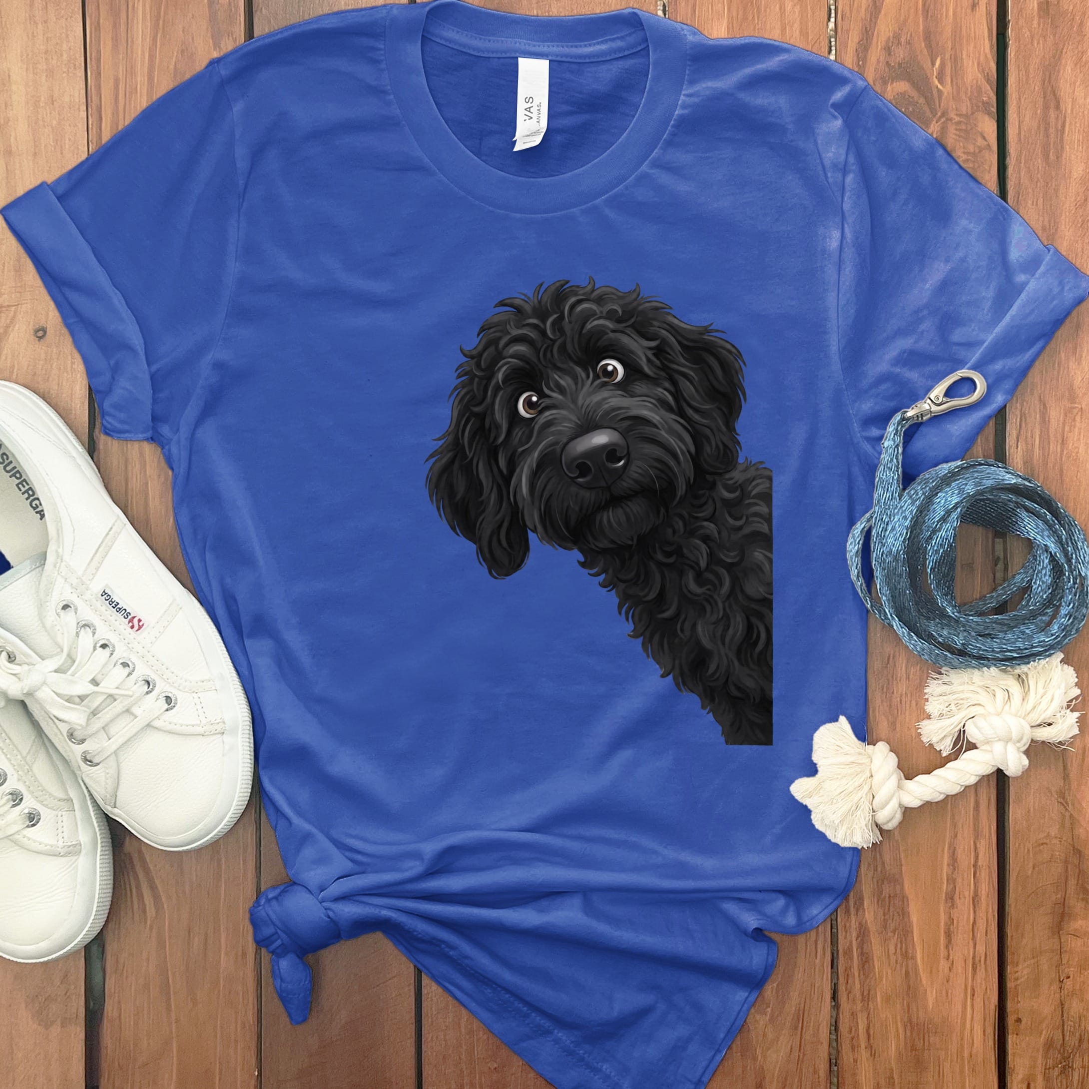 Funny Peeking Black Goldendoodle T-Shirt in True Royal / S by Puppy Jo
