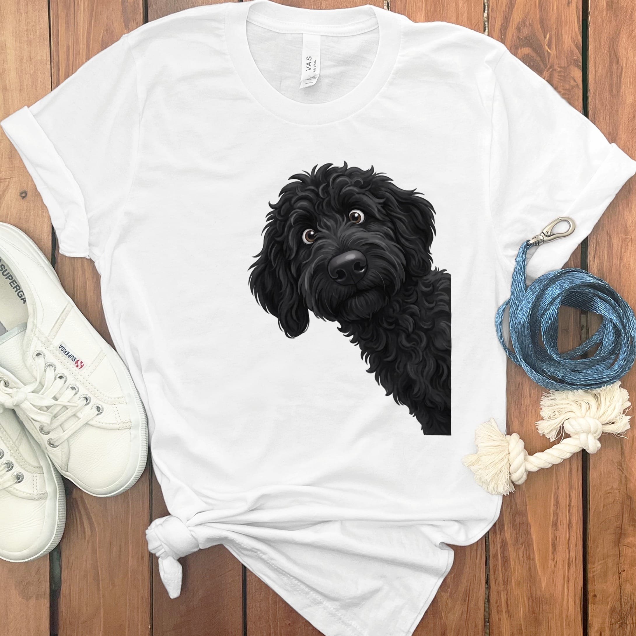 Funny Peeking Black Goldendoodle T-Shirt in White / S by Puppy Jo