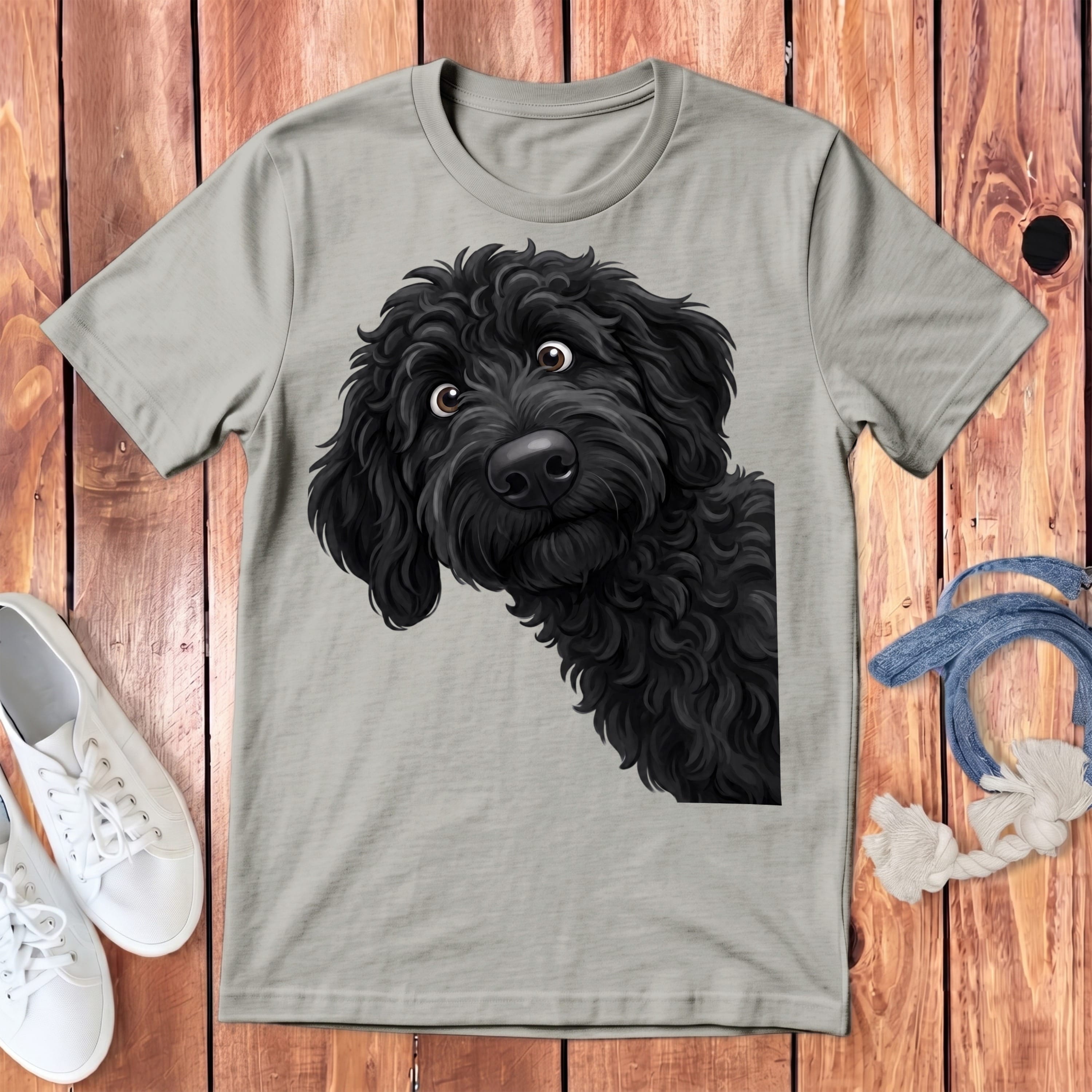 Funny Peeking Black Goldendoodle Youth T-Shirt in Athletic Heather / S by Puppy Jo
