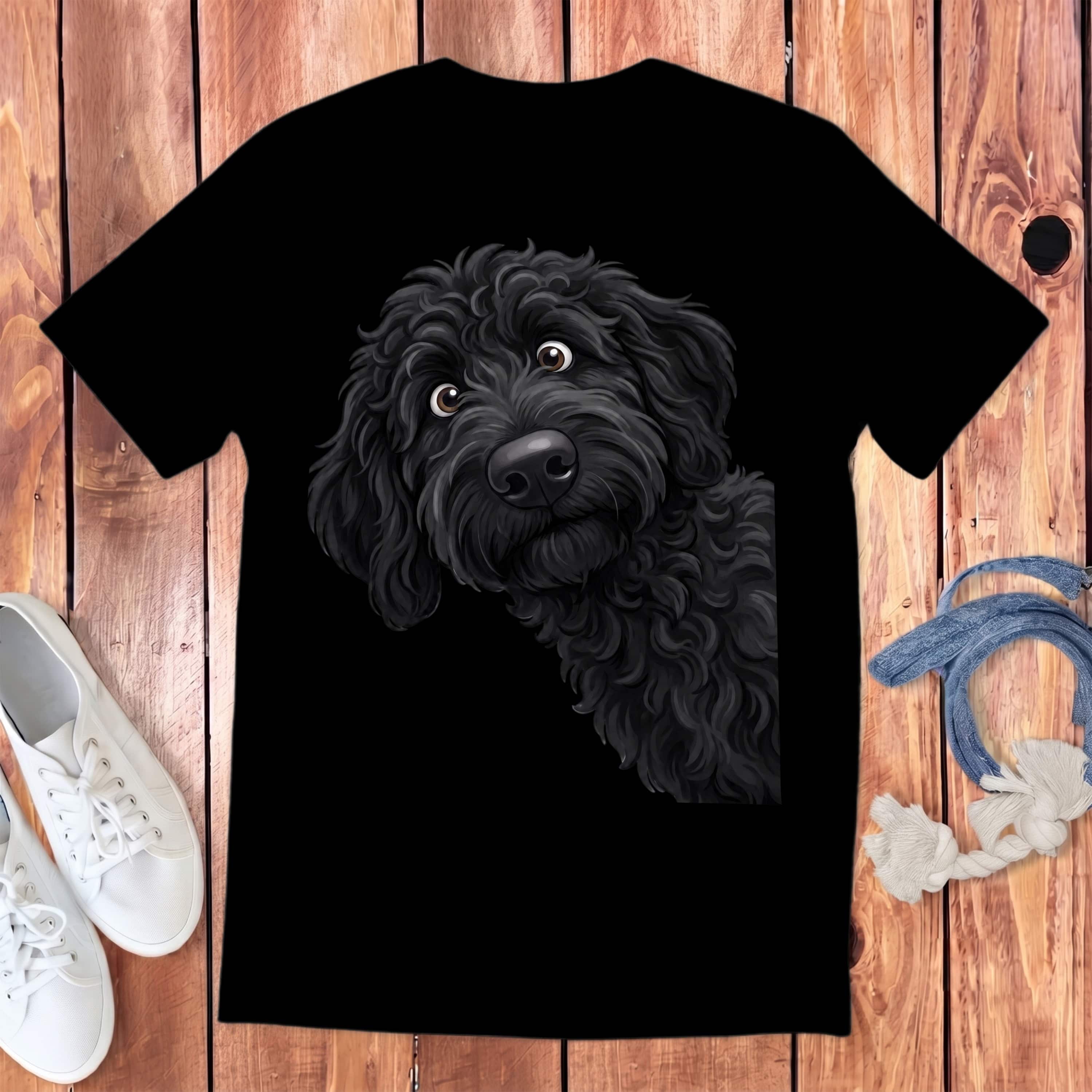 Funny Peeking Black Goldendoodle Youth T-Shirt in Black / S by Puppy Jo