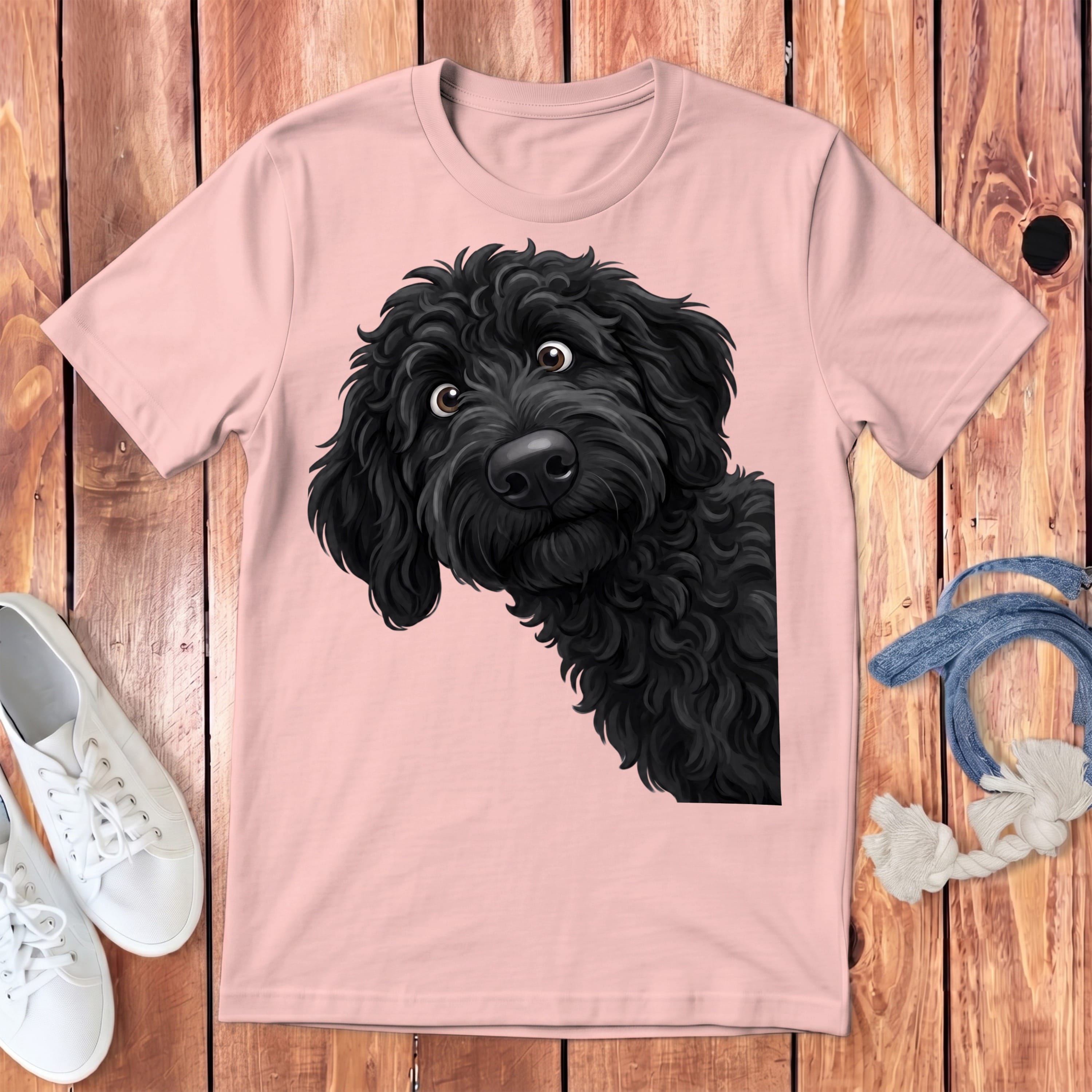 Funny Peeking Black Goldendoodle Youth T-Shirt in Pink / S by Puppy Jo