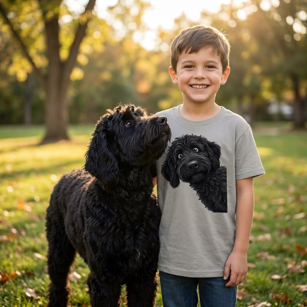 Funny Peeking Black Goldendoodle Youth T-Shirt in by Puppy Jo