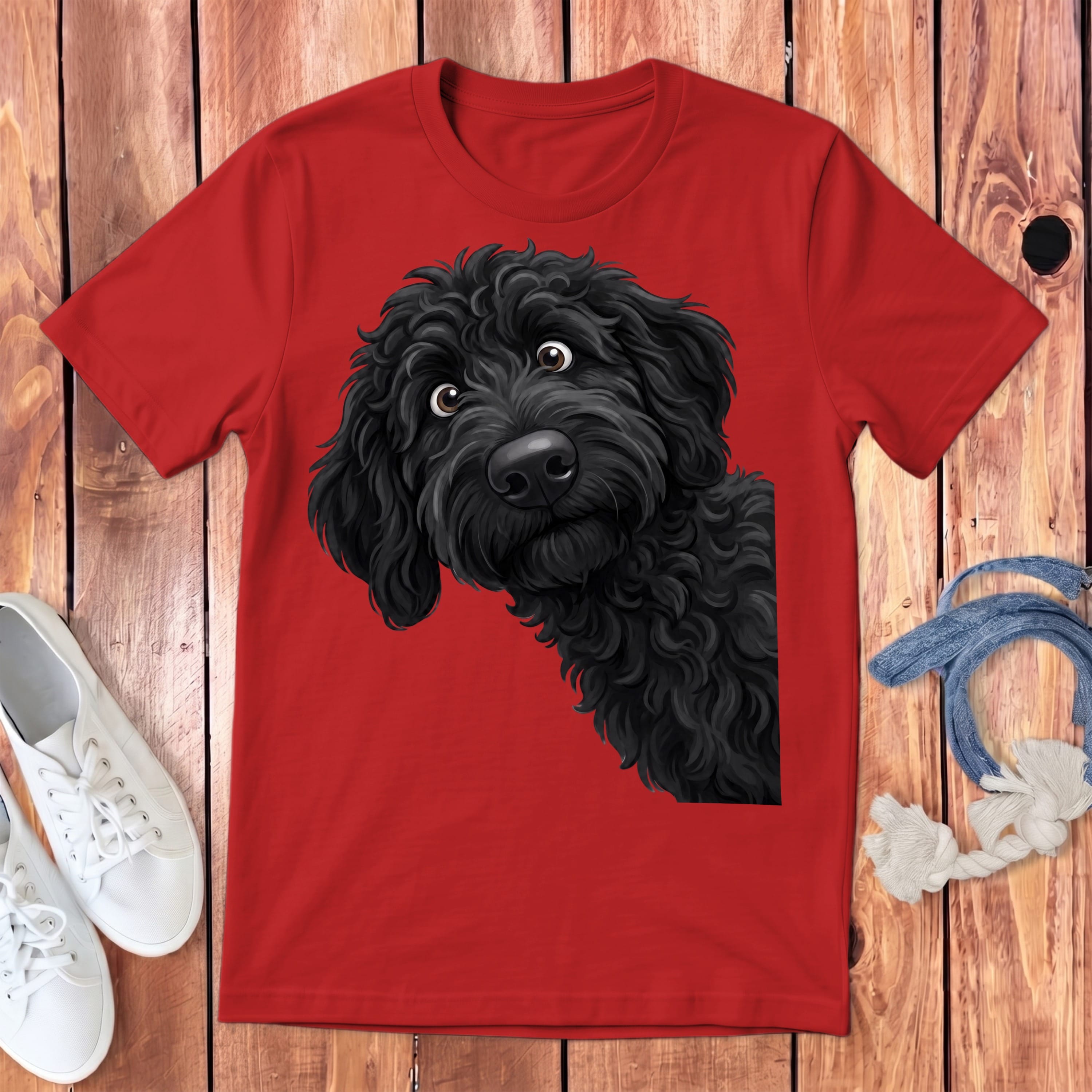 Funny Peeking Black Goldendoodle Youth T-Shirt in Red / S by Puppy Jo