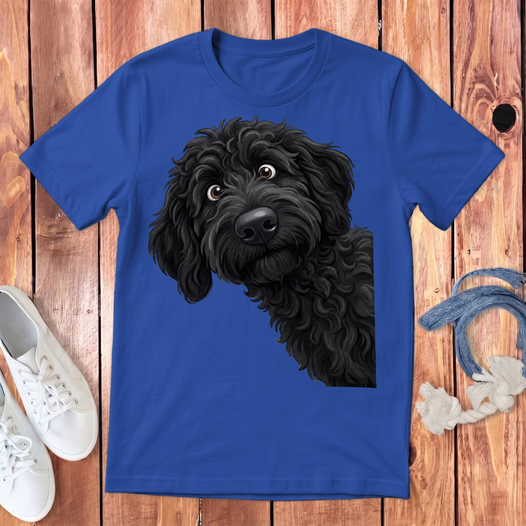 Funny Peeking Black Goldendoodle Youth T-Shirt in True Royal / S by Puppy Jo