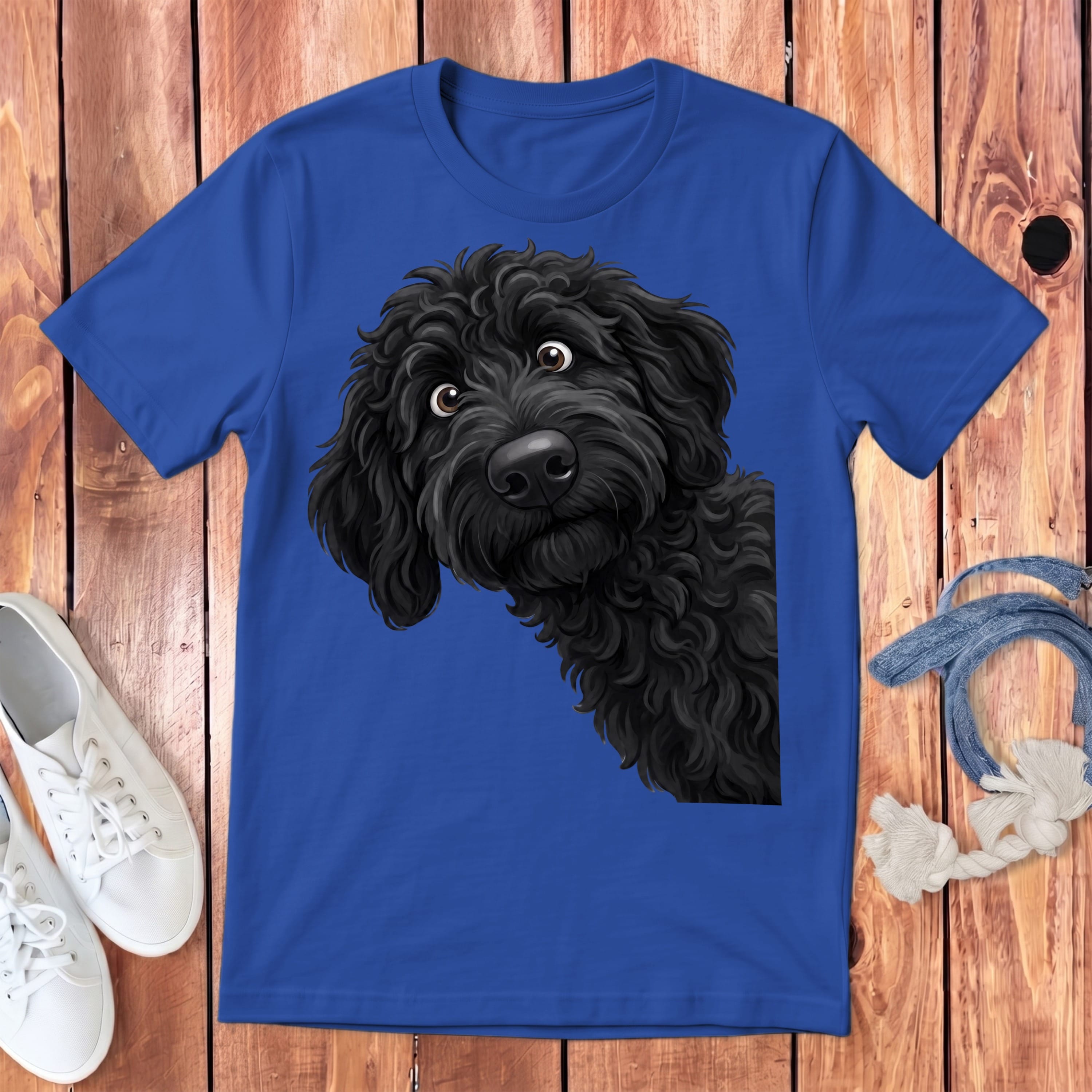 Funny Peeking Black Goldendoodle Youth T-Shirt in True Royal / S by Puppy Jo
