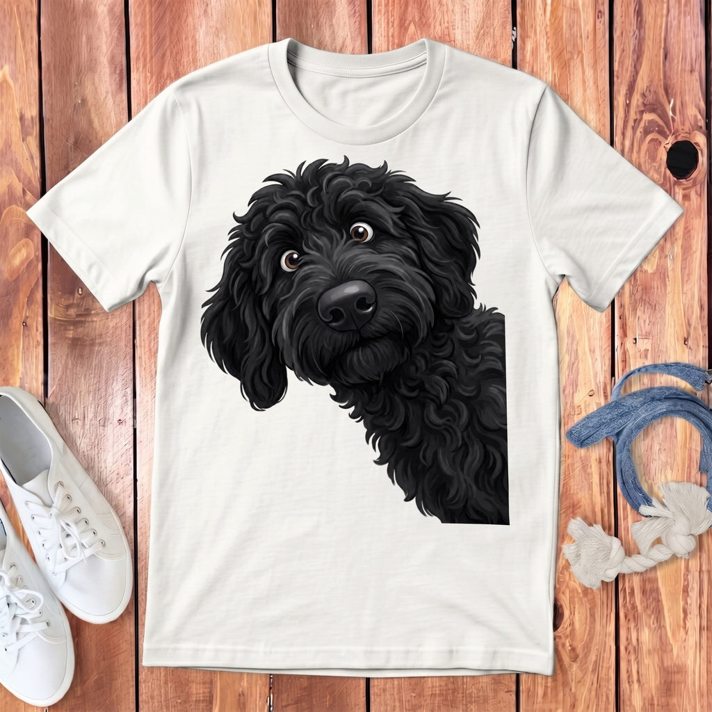 Funny Peeking Black Goldendoodle Youth T-Shirt in White / S by Puppy Jo