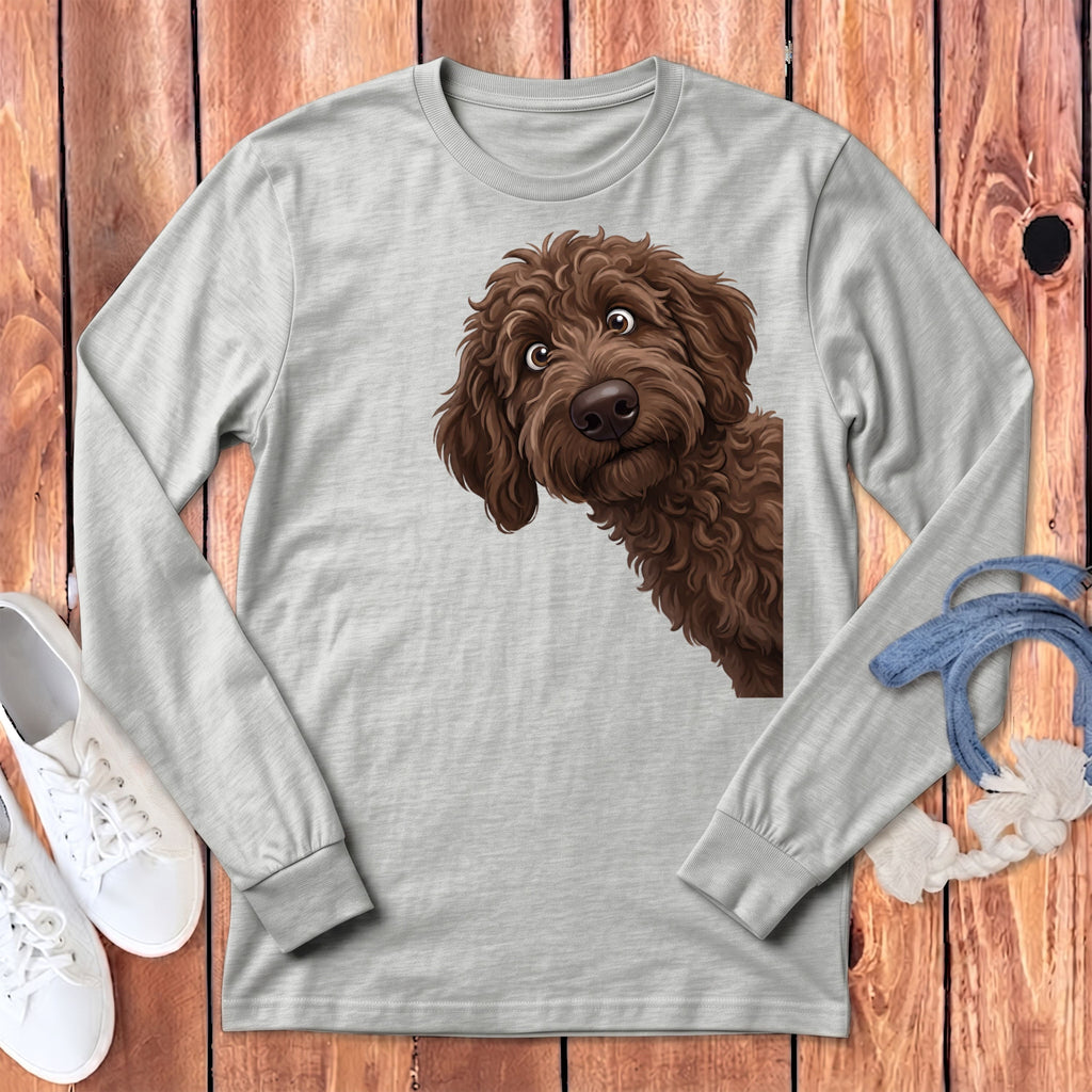 Funny Peeking Chocolate Goldendoodle Long Sleeve T-Shirt in Athletic Heather / S by Puppy Jo