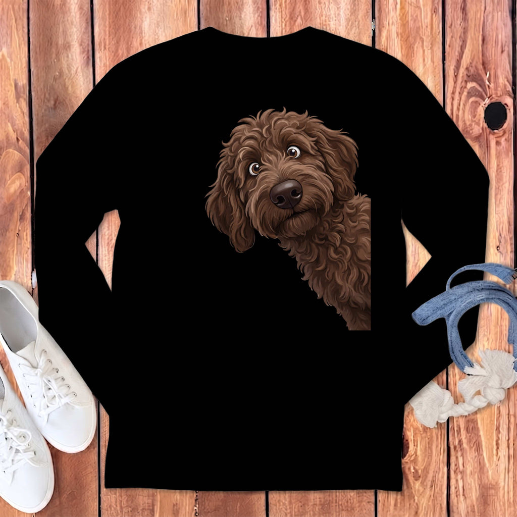 Funny Peeking Chocolate Goldendoodle Long Sleeve T-Shirt in Black / S by Puppy Jo