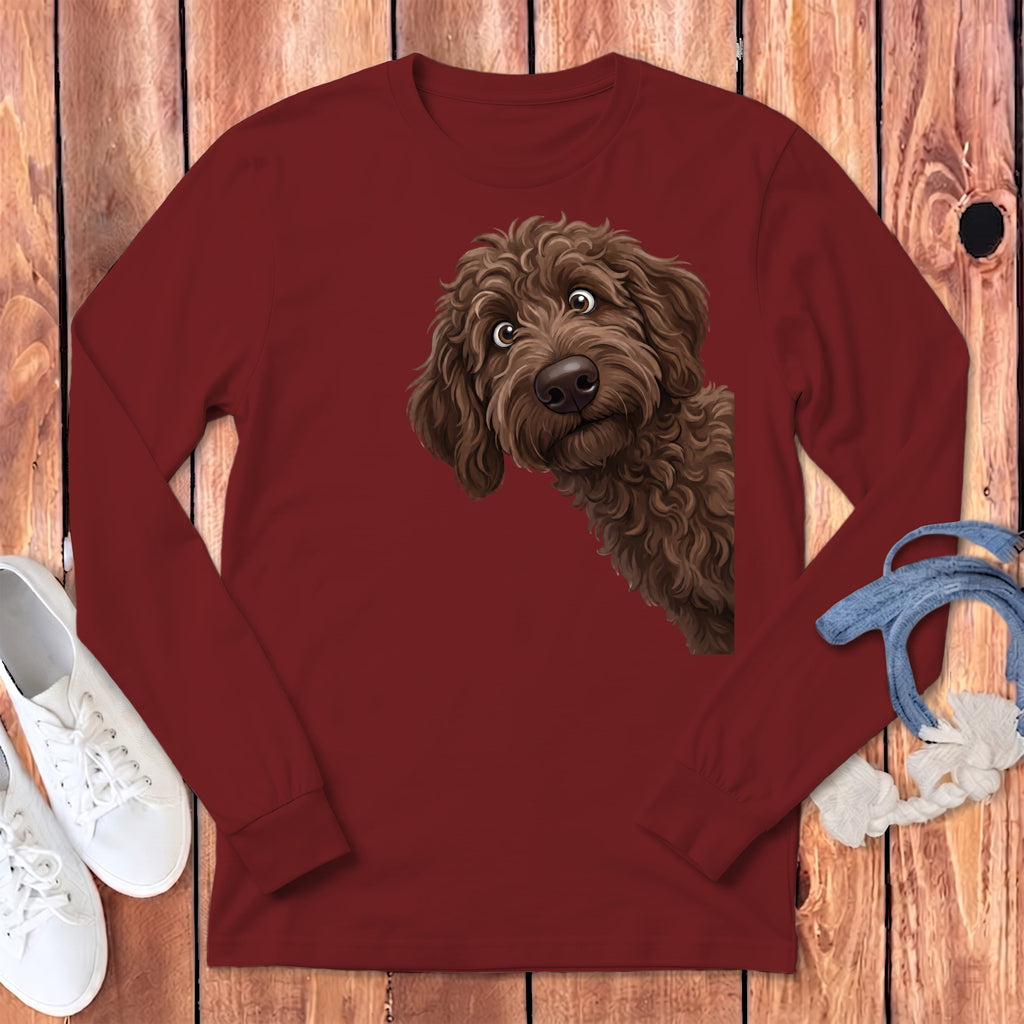 Funny Peeking Chocolate Goldendoodle Long Sleeve T-Shirt in Cardinal / S by Puppy Jo