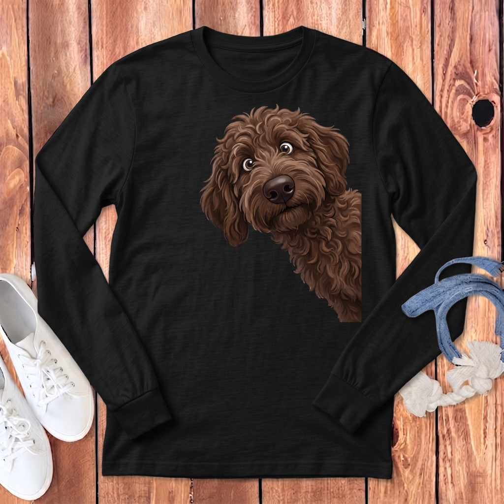 Funny Peeking Chocolate Goldendoodle Long Sleeve T-Shirt in Dark Grey Heather / S by Puppy Jo