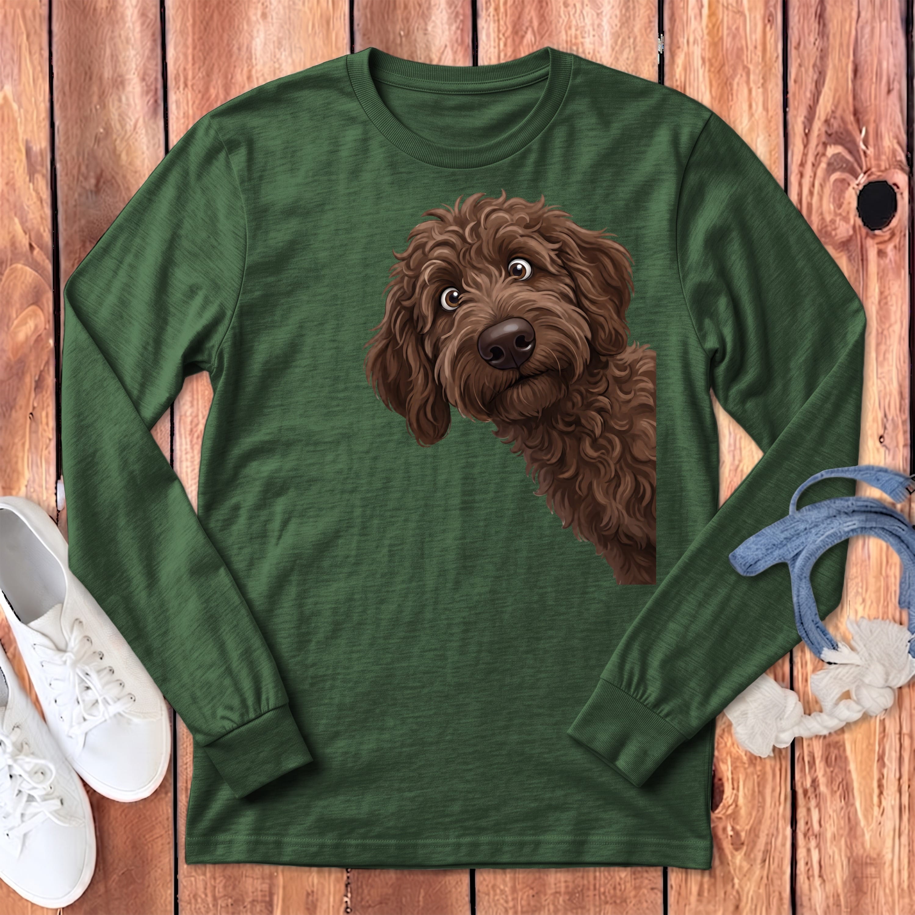 Funny Peeking Chocolate Goldendoodle Long Sleeve T-Shirt in Heather Forest / S by Puppy Jo