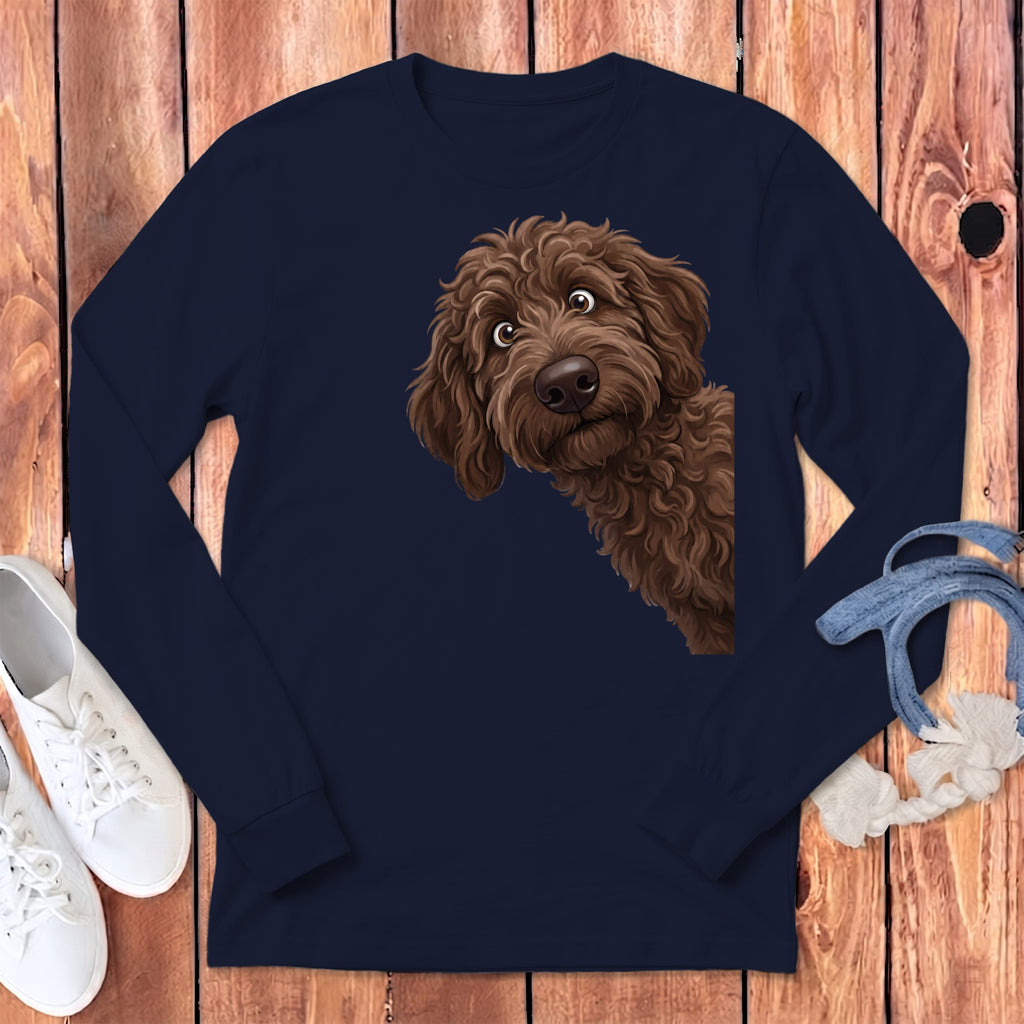Funny Peeking Chocolate Goldendoodle Long Sleeve T-Shirt in Navy / S by Puppy Jo