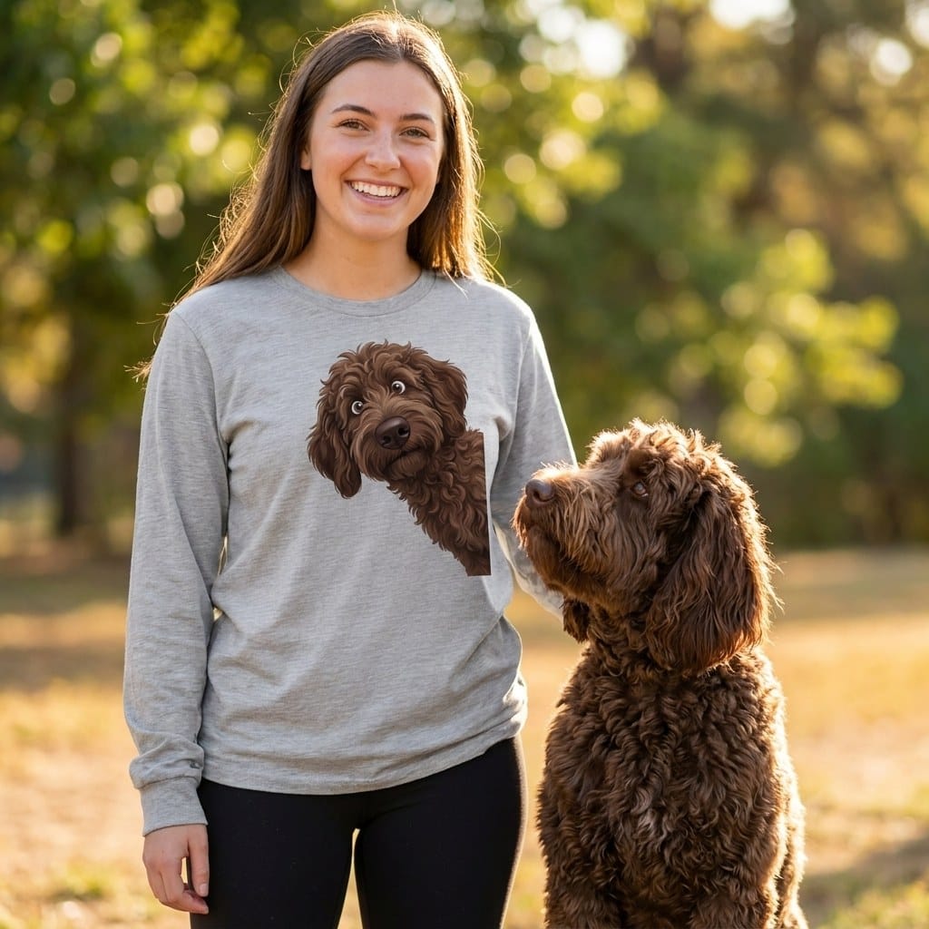 Funny Peeking Chocolate Goldendoodle Long Sleeve T-Shirt in by Puppy Jo