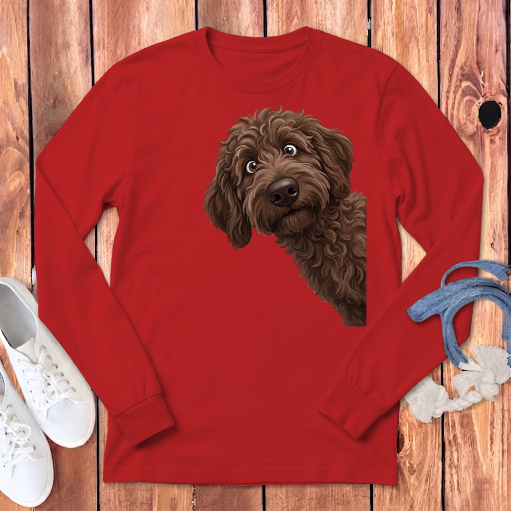Funny Peeking Chocolate Goldendoodle Long Sleeve T-Shirt in Red / S by Puppy Jo