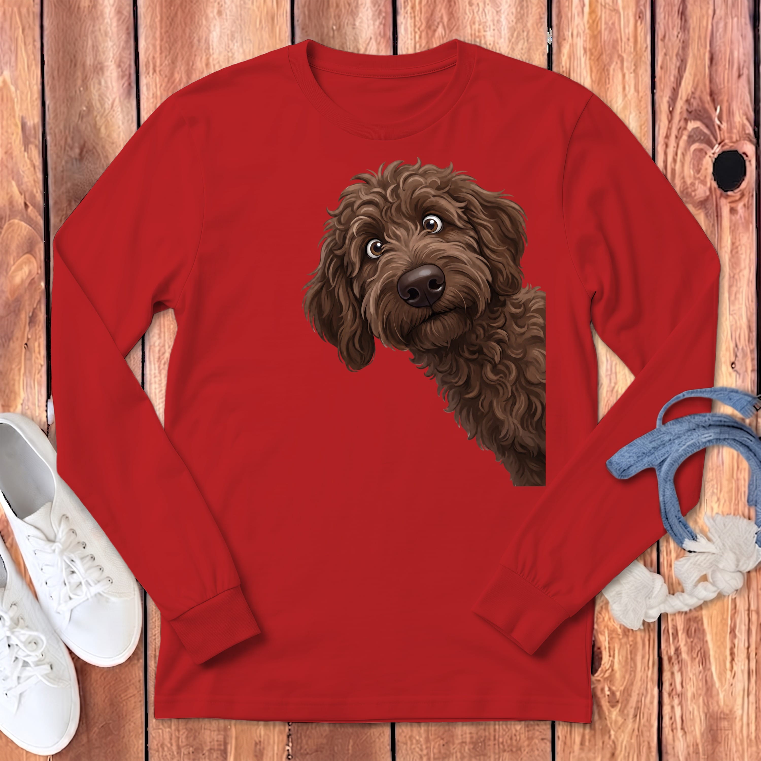 Funny Peeking Chocolate Goldendoodle Long Sleeve T-Shirt in Red / S by Puppy Jo