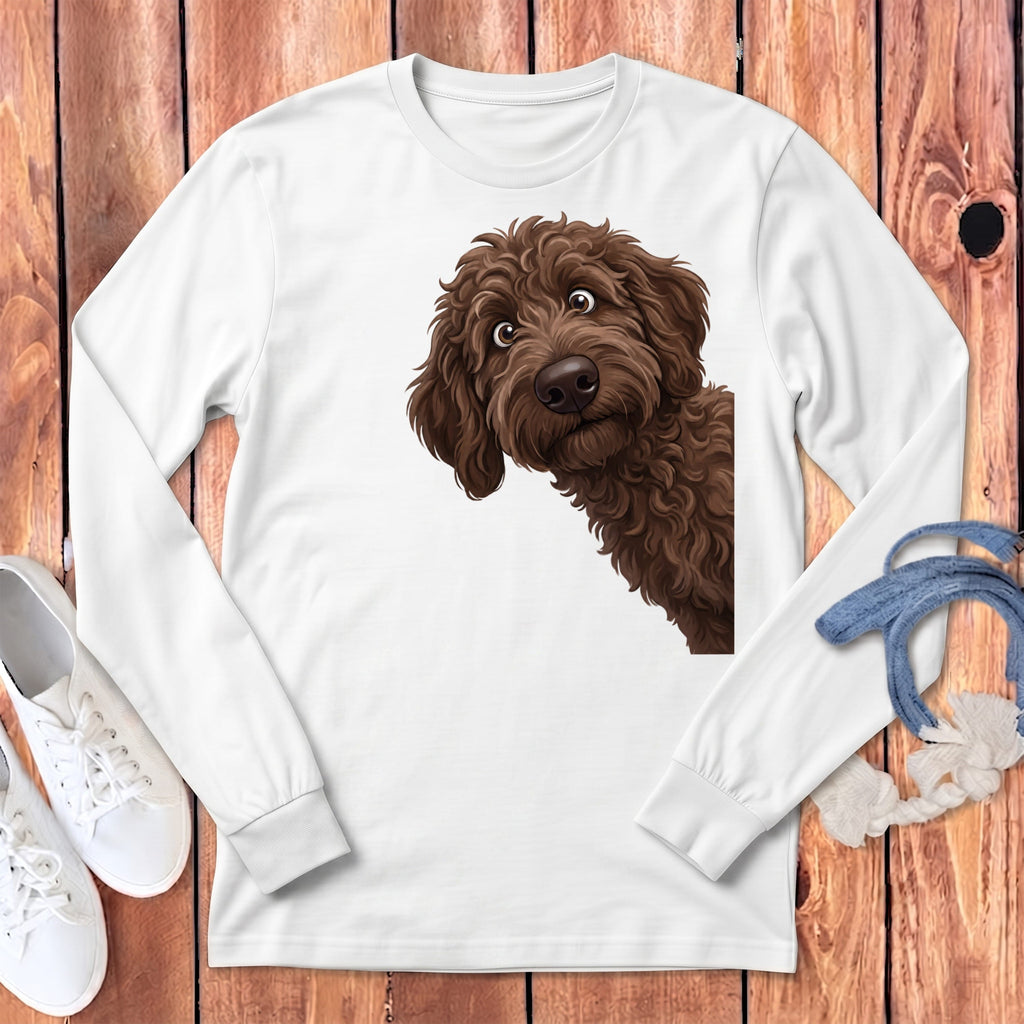 Funny Peeking Chocolate Goldendoodle Long Sleeve T-Shirt in White / S by Puppy Jo