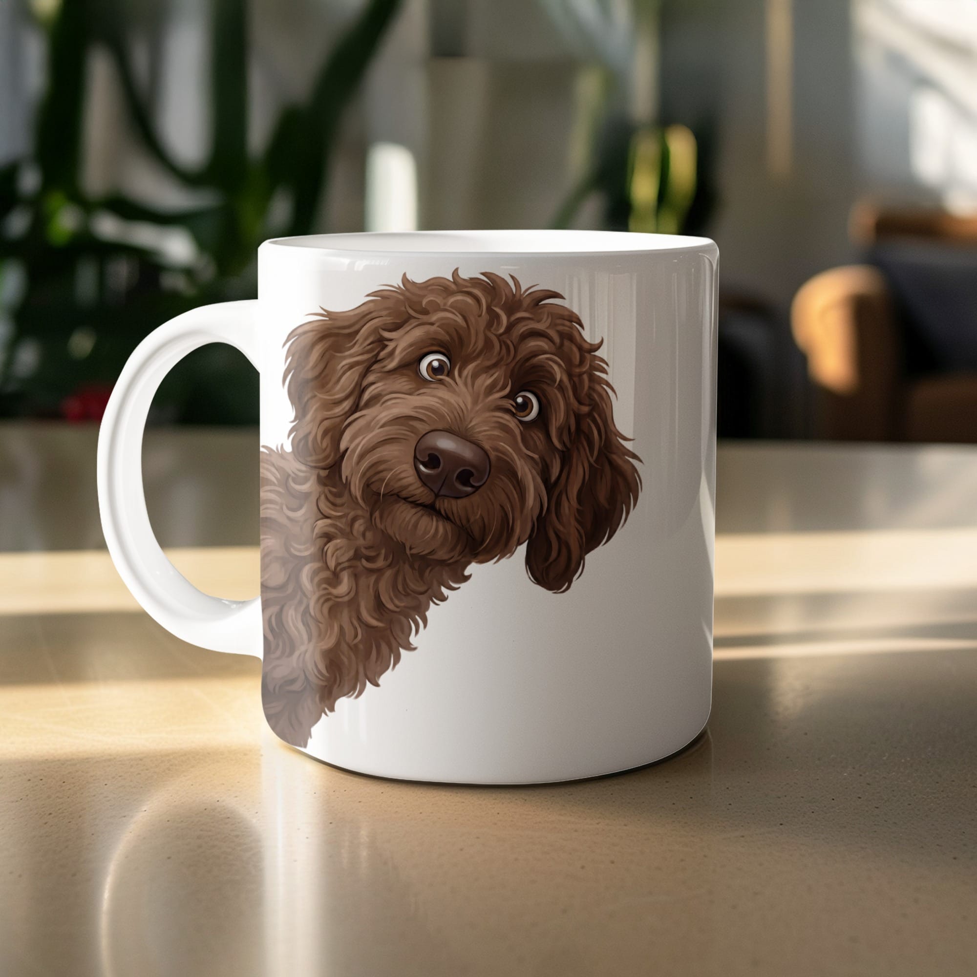 Funny Peeking Chocolate Goldendoodle Mug in by Puppy Jo