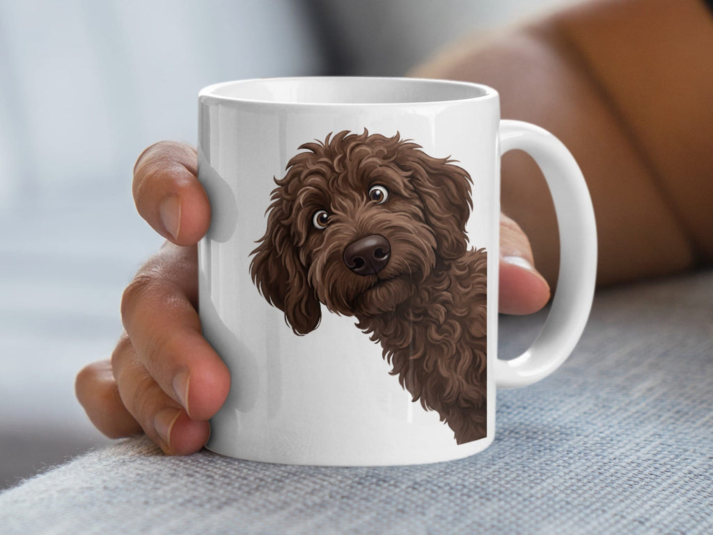 Funny Peeking Chocolate Goldendoodle Mug in by Puppy Jo