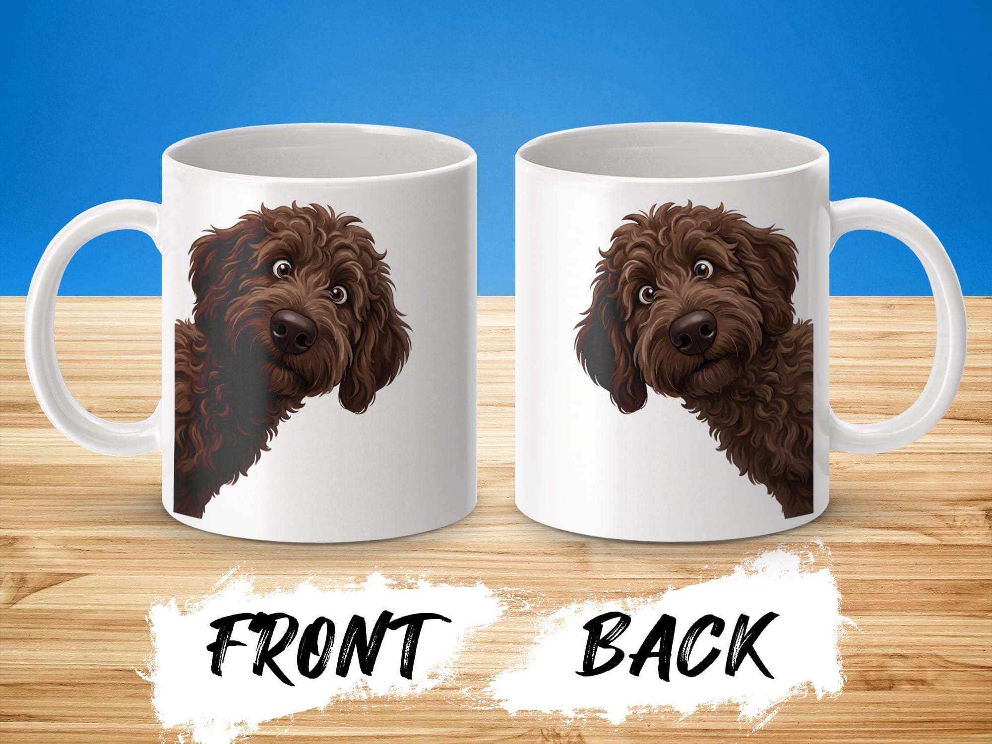 Funny Peeking Chocolate Goldendoodle Mug in by Puppy Jo