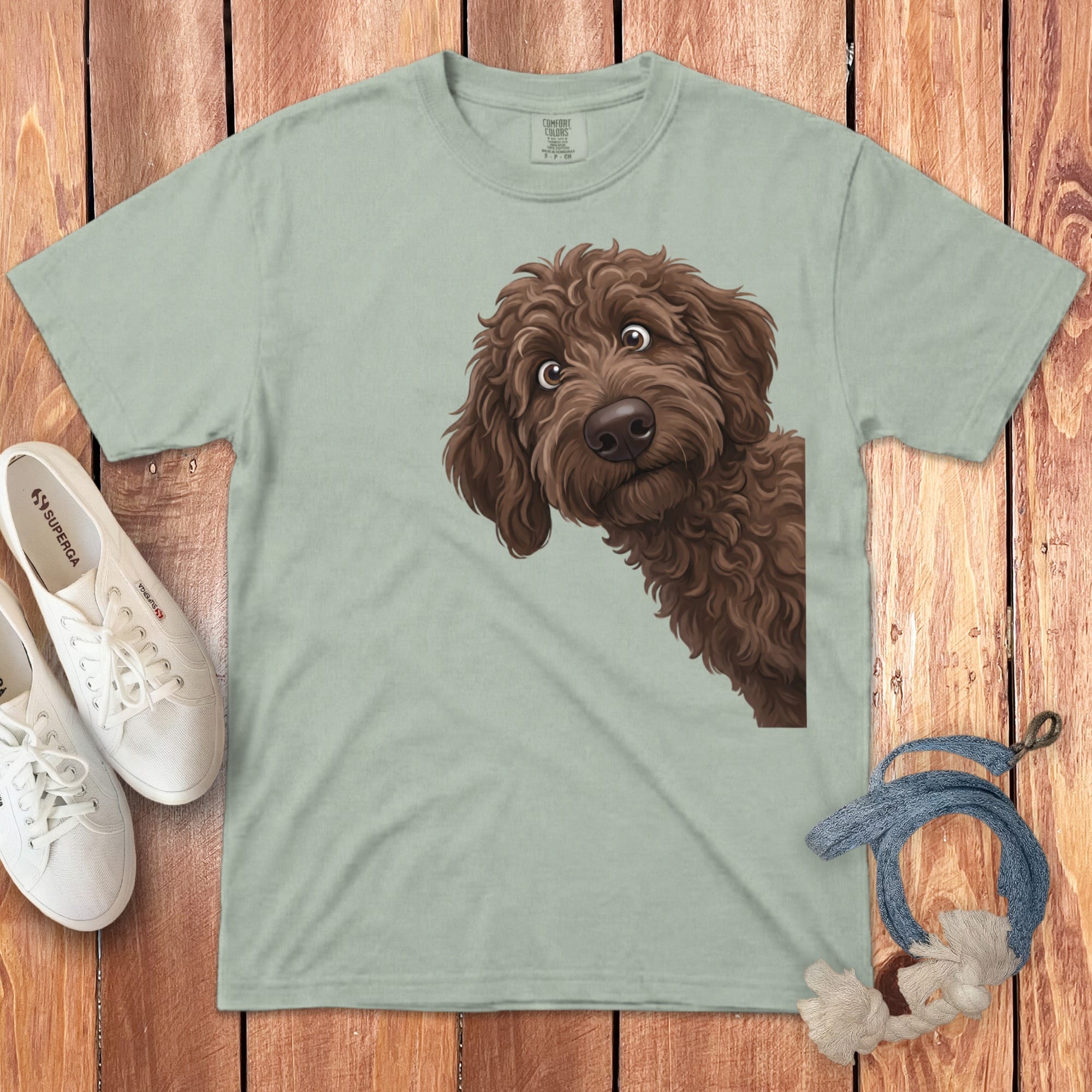 Funny Peeking Chocolate Goldendoodle Signature T-Shirt in Bay / S by Puppy Jo