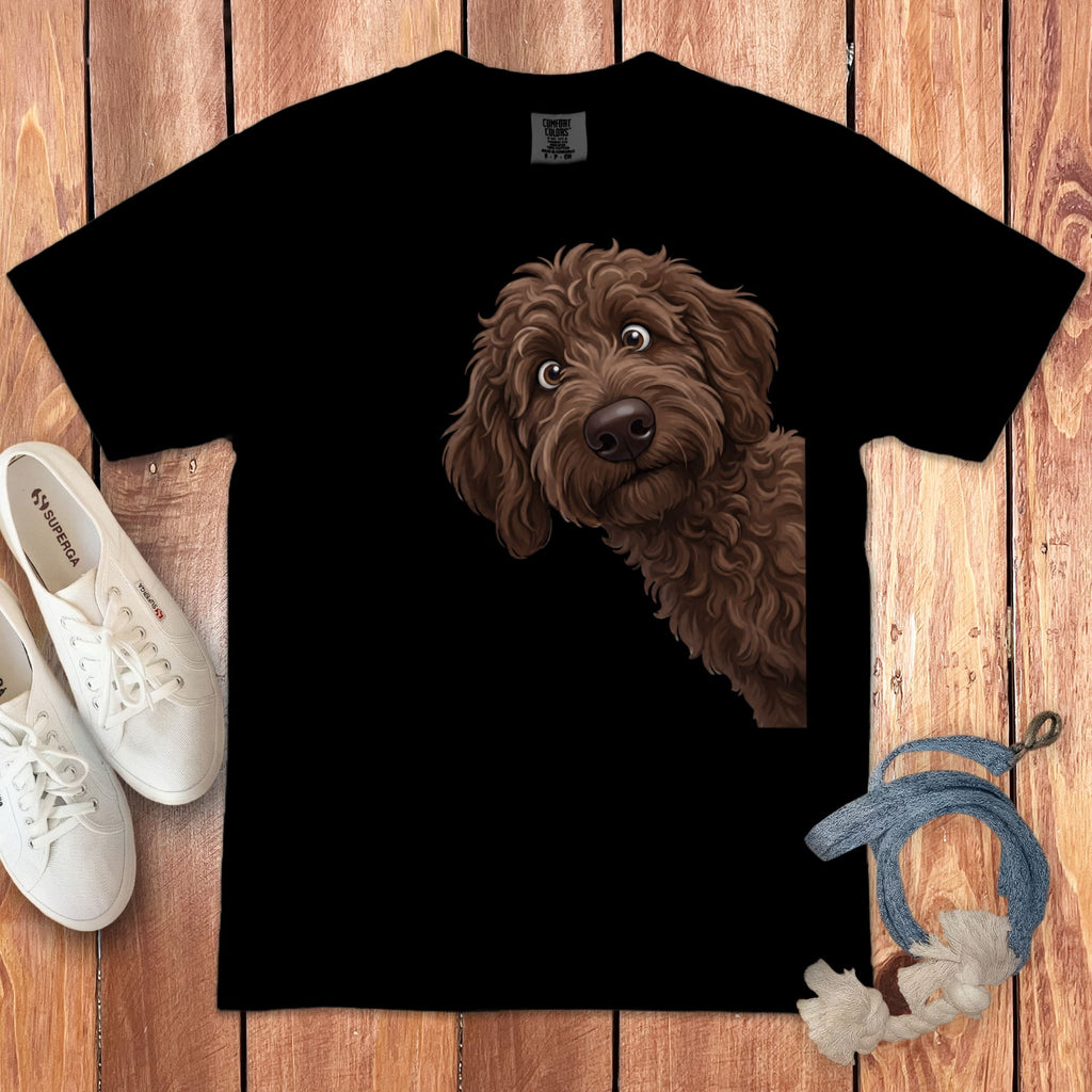 Funny Peeking Chocolate Goldendoodle Signature T-Shirt in Black / S by Puppy Jo