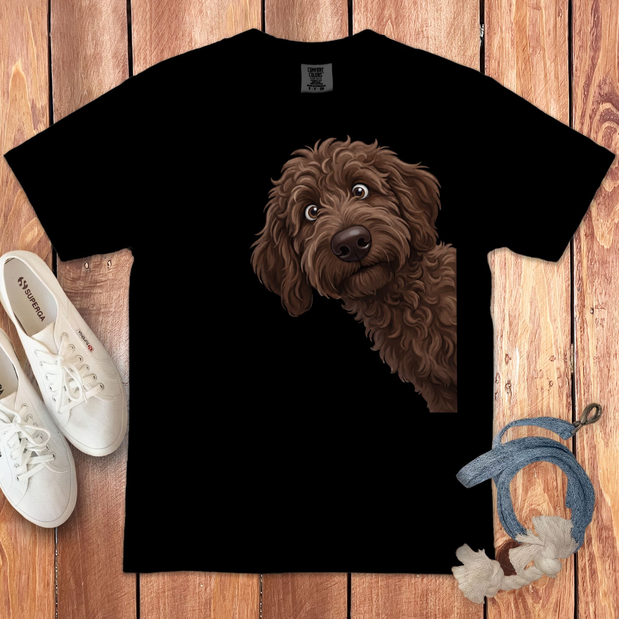 Funny Peeking Chocolate Goldendoodle Signature T-Shirt in Black / S by Puppy Jo
