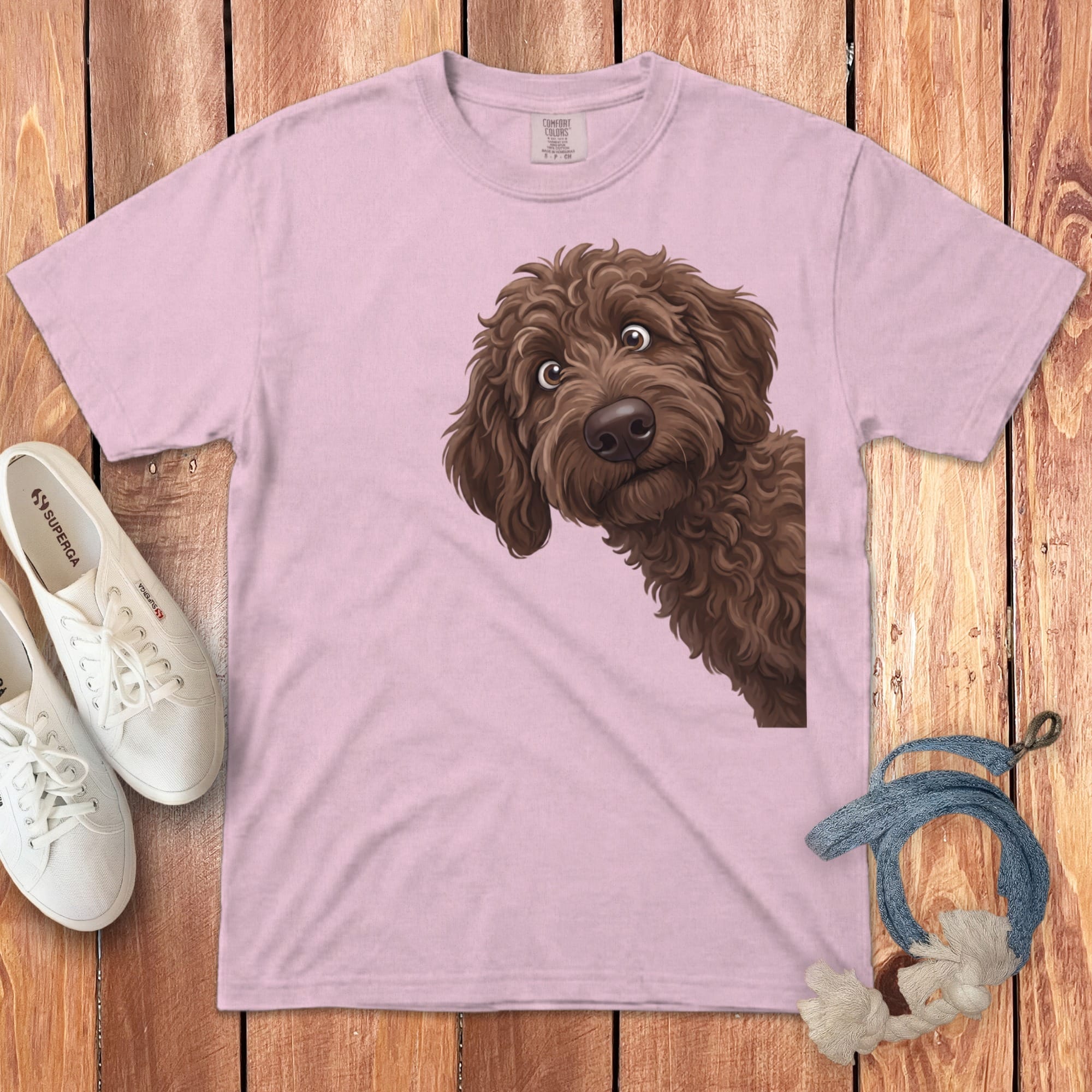Funny Peeking Chocolate Goldendoodle Signature T-Shirt in Blossom / S by Puppy Jo