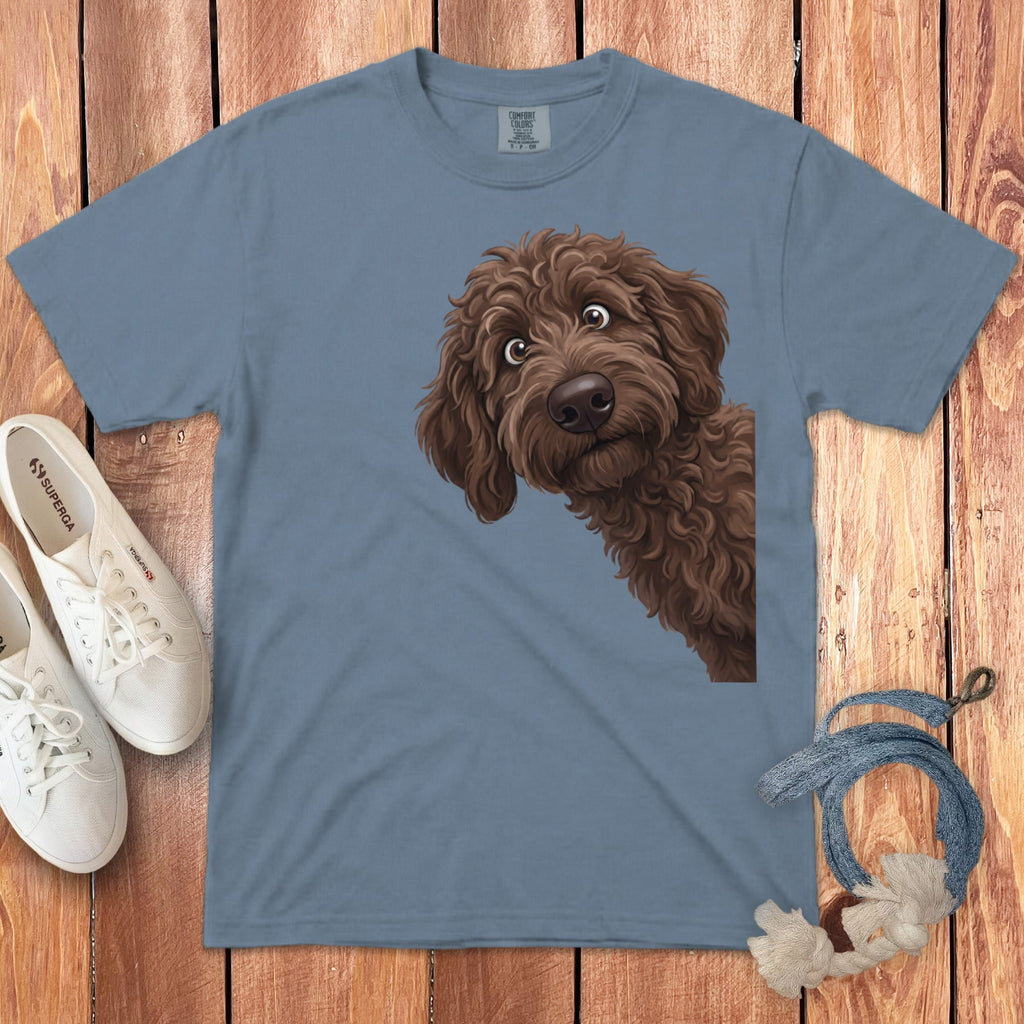 Funny Peeking Chocolate Goldendoodle Signature T-Shirt in Blue Jean / S by Puppy Jo
