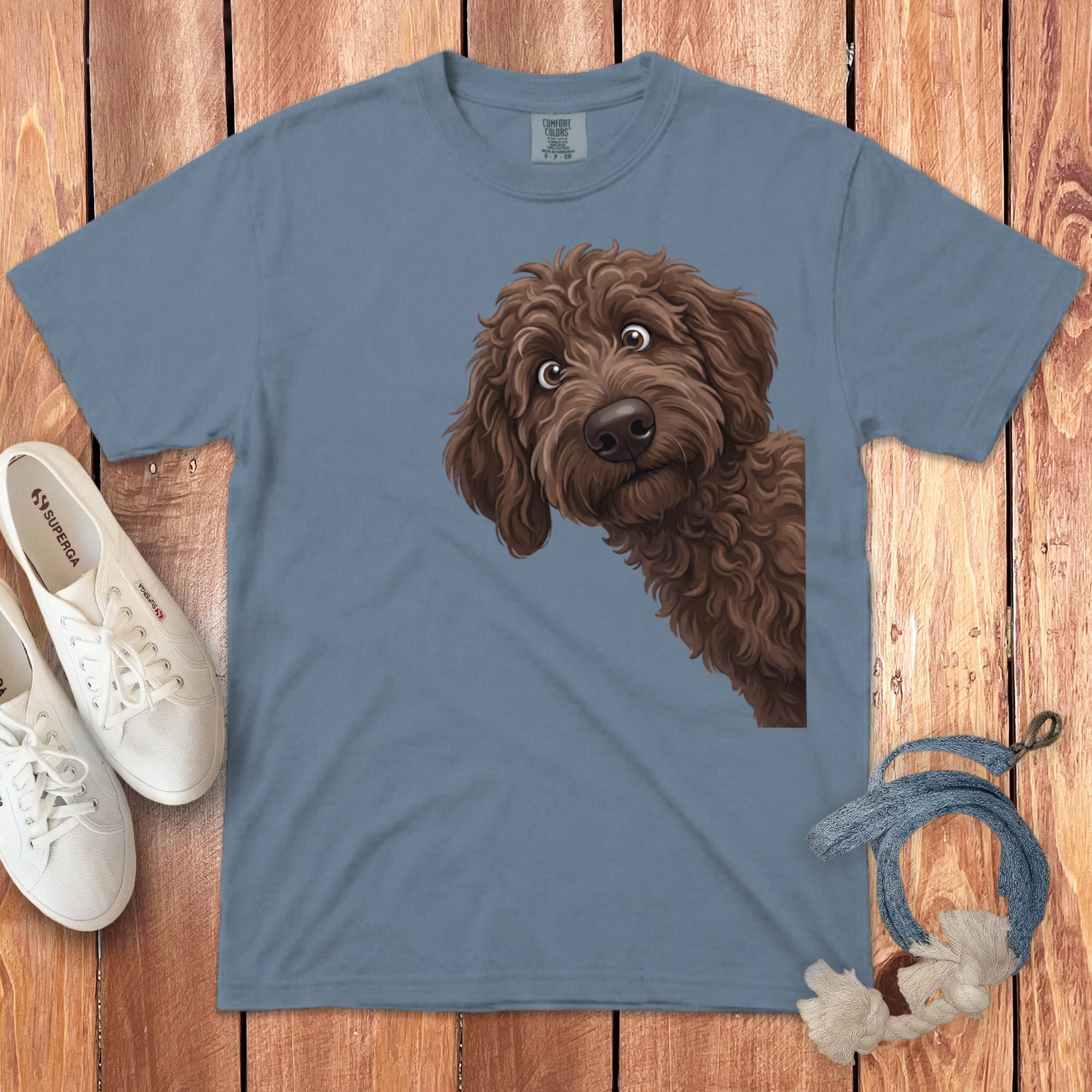Funny Peeking Chocolate Goldendoodle Signature T-Shirt in Blue Jean / S by Puppy Jo