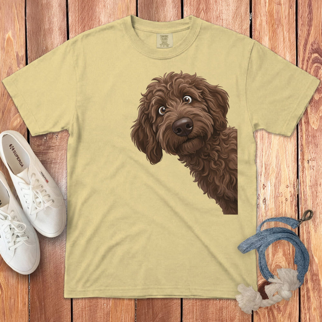 Funny Peeking Chocolate Goldendoodle Signature T-Shirt in Butter / S by Puppy Jo