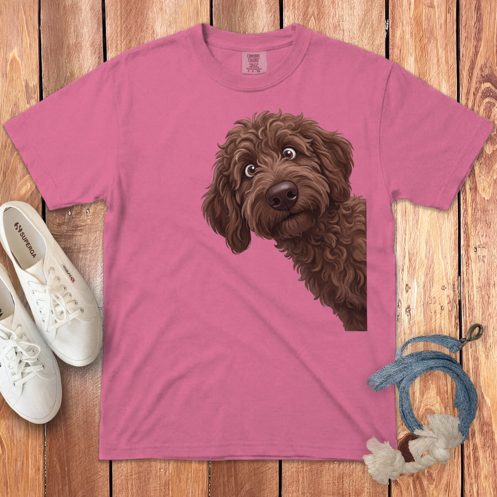 Funny Peeking Chocolate Goldendoodle Signature T-Shirt in Crunchberry / S by Puppy Jo