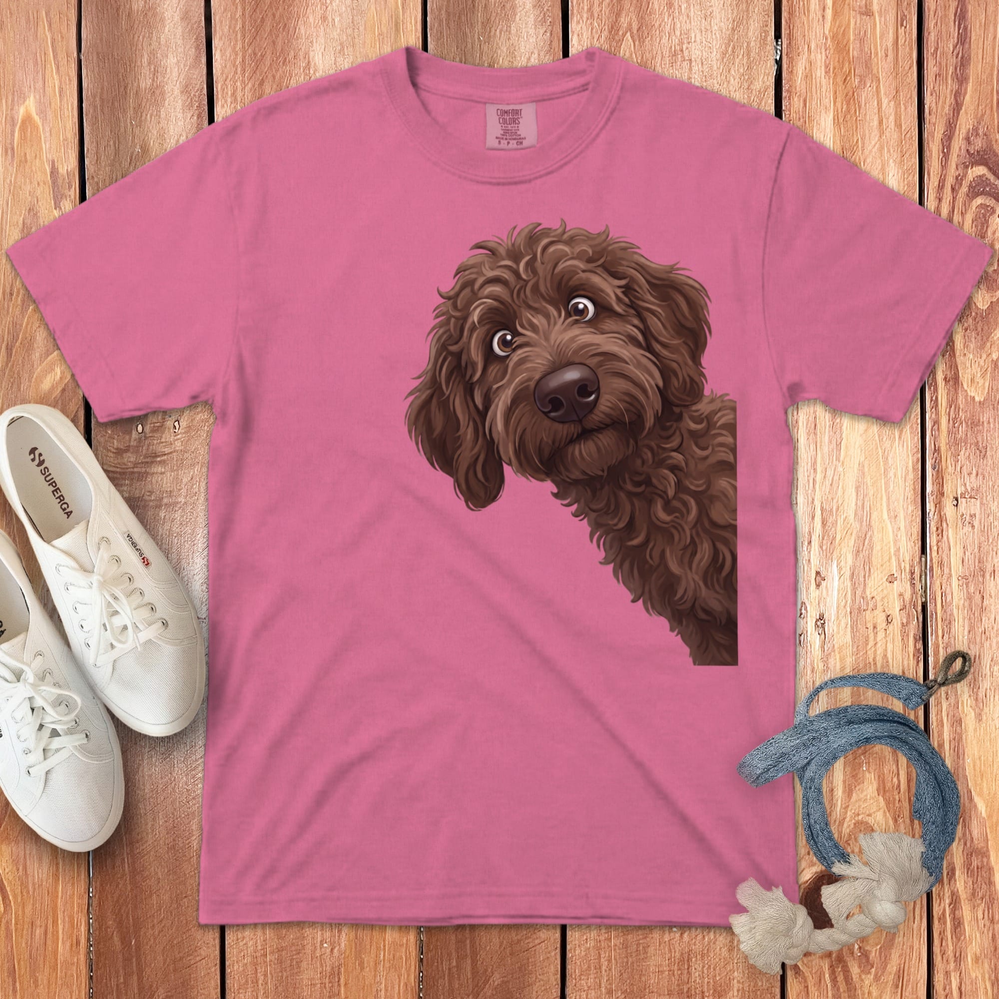 Funny Peeking Chocolate Goldendoodle Signature T-Shirt in Crunchberry / S by Puppy Jo