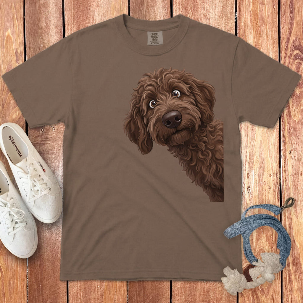 Funny Peeking Chocolate Goldendoodle Signature T-Shirt in Espresso / S by Puppy Jo