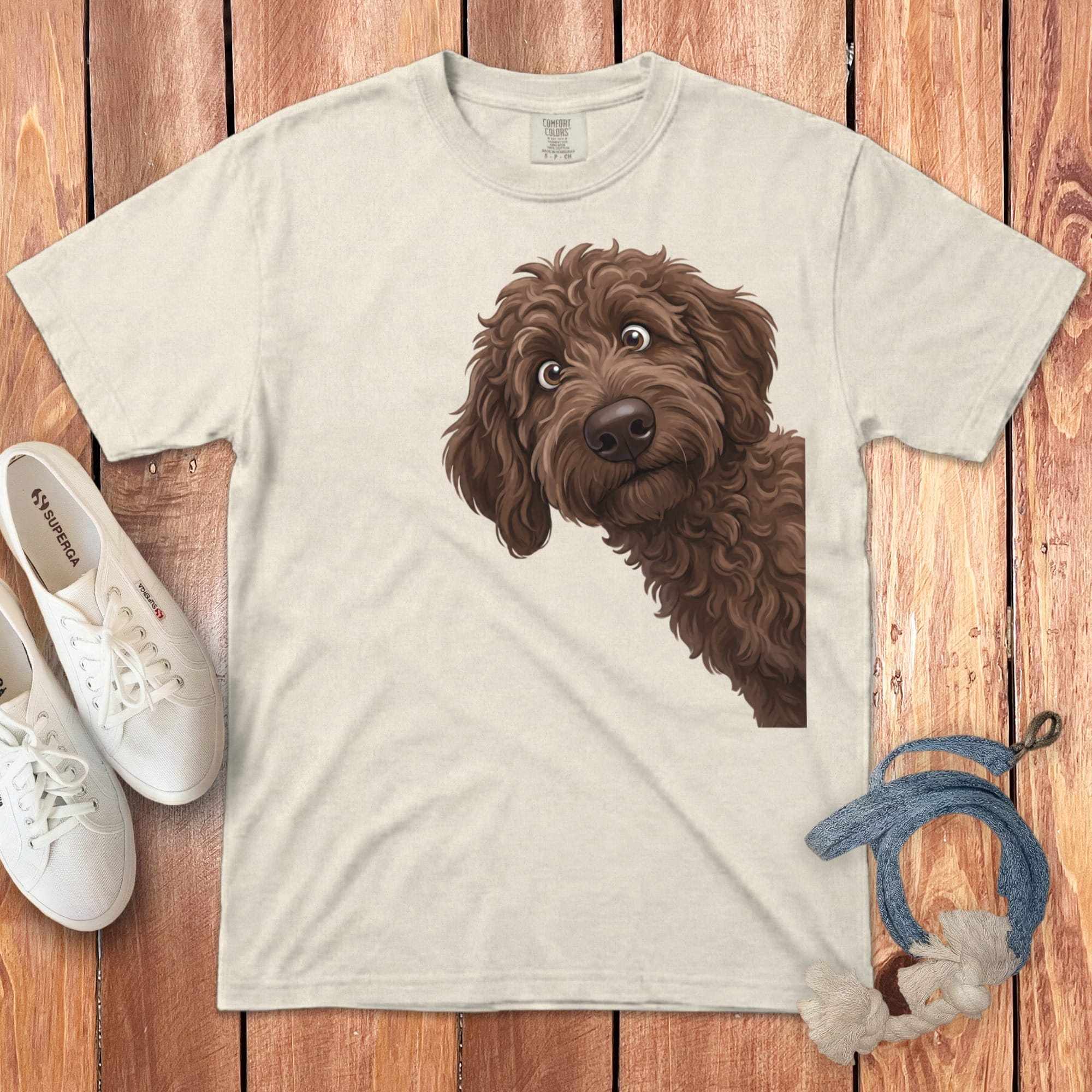 Funny Peeking Chocolate Goldendoodle Signature T-Shirt in Ivory / S by Puppy Jo