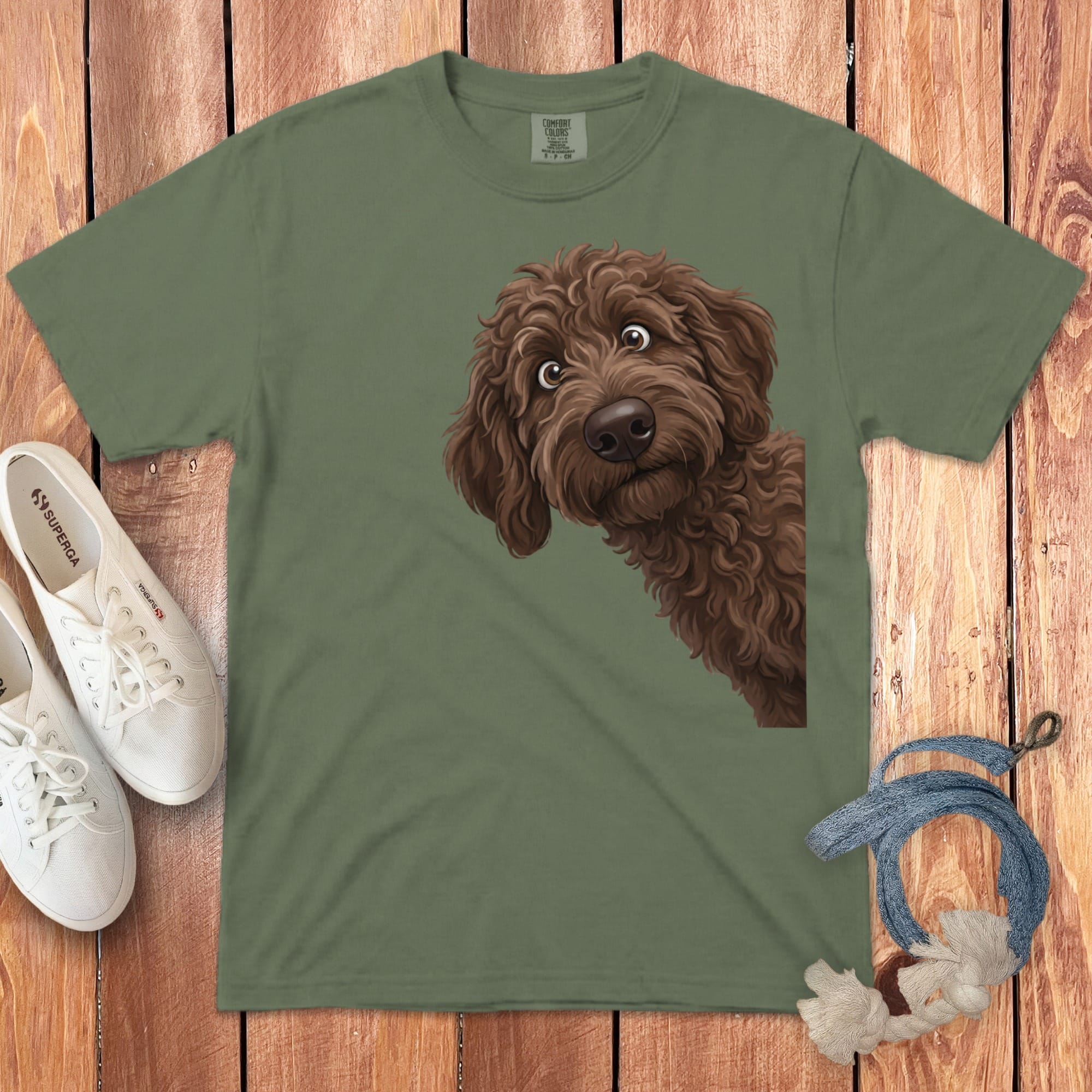 Funny Peeking Chocolate Goldendoodle Signature T-Shirt in Moss / S by Puppy Jo
