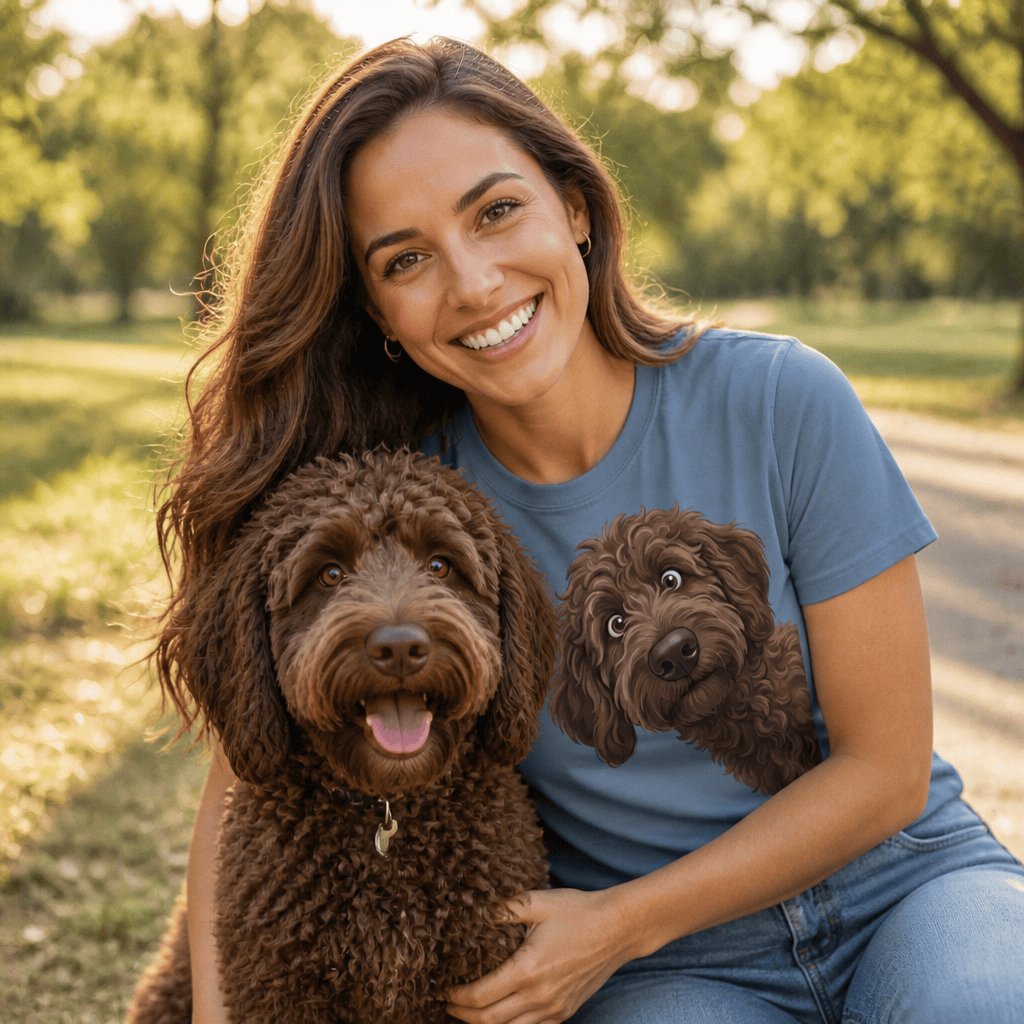 Funny Peeking Chocolate Goldendoodle Signature T-Shirt in by Puppy Jo