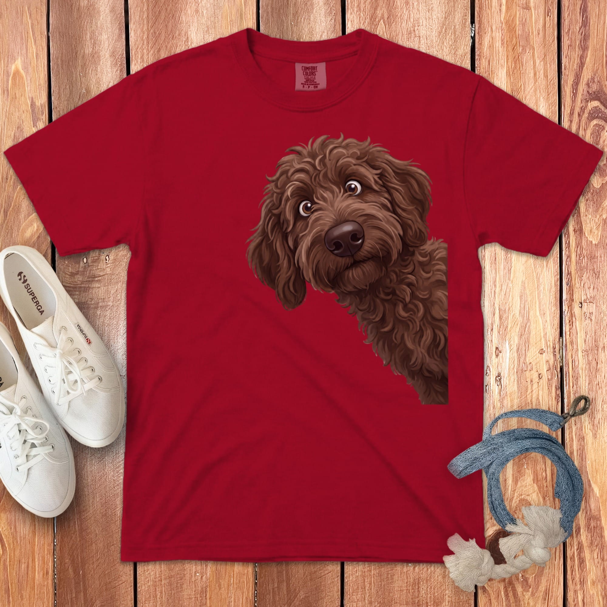 Funny Peeking Chocolate Goldendoodle Signature T-Shirt in Red / S by Puppy Jo