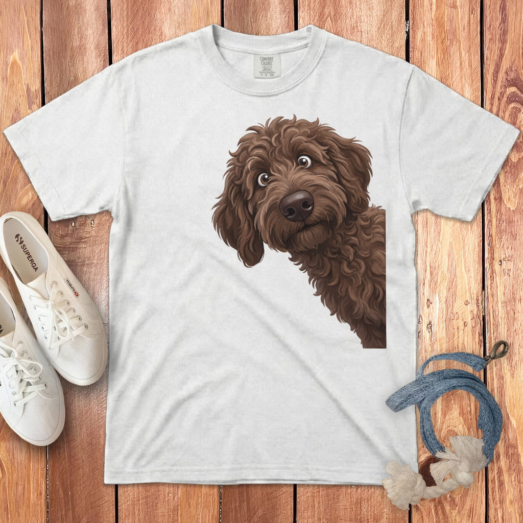 Funny Peeking Chocolate Goldendoodle Signature T-Shirt in White / S by Puppy Jo